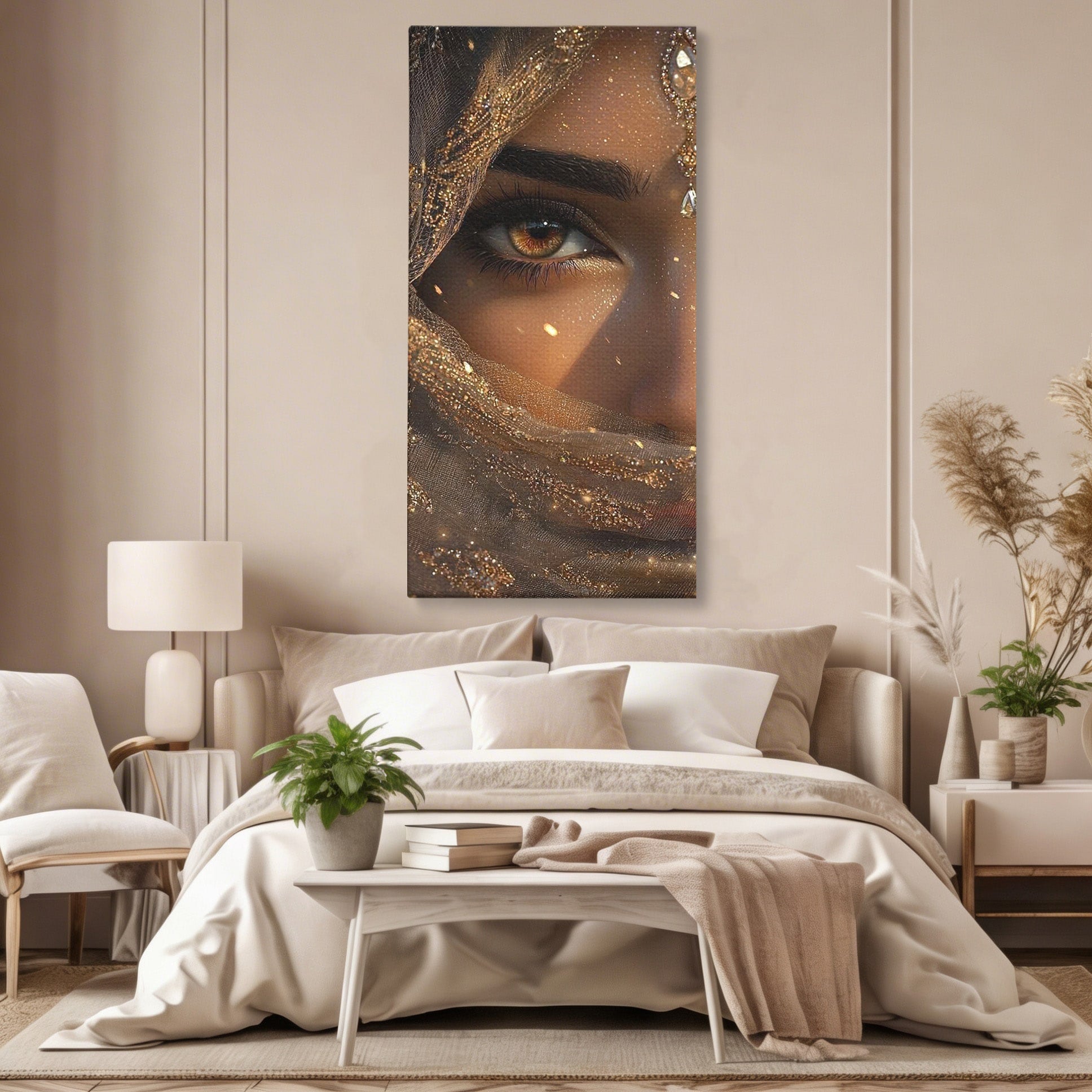 Tablou Canvas Premium LuxCanva® PI1349, Ochiul Invaluit In Aur, Femeie, Portret, Mister, Eleganta, Bijuterii, Culori Vibrante, Living, Dormitor