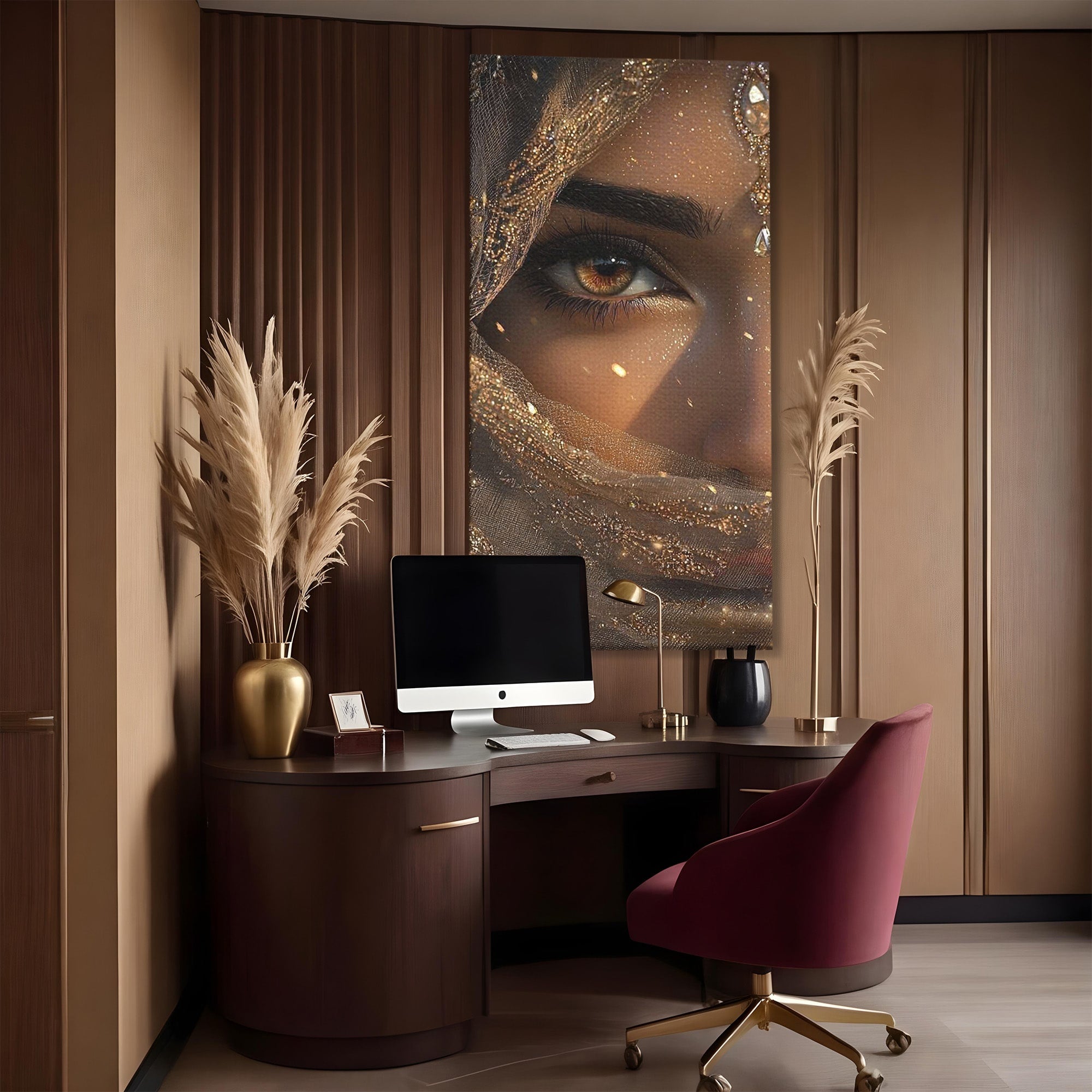 Tablou Canvas Premium LuxCanva® PI1349, Ochiul Invaluit In Aur, Femeie, Portret, Mister, Eleganta, Bijuterii, Culori Vibrante, Living, Dormitor
