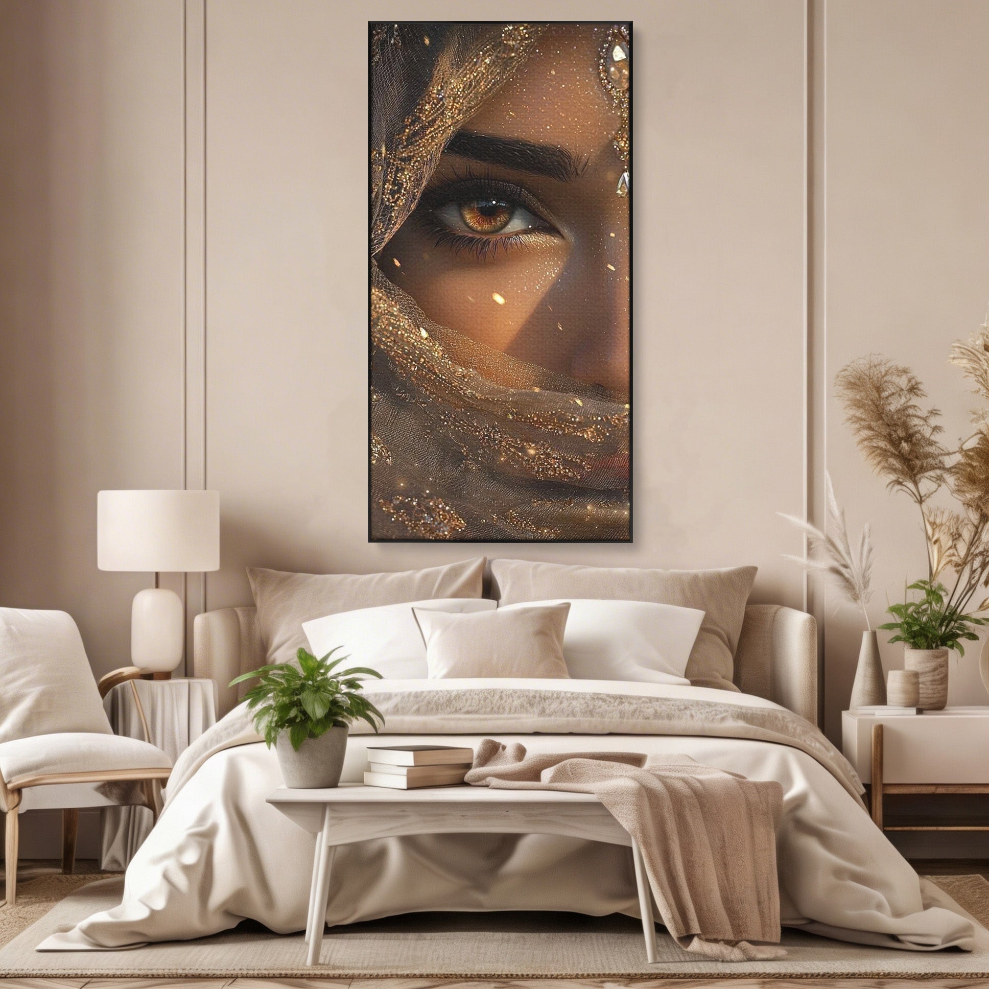 Tablou Canvas Premium LuxCanva® PI1349, Ochiul Invaluit In Aur, Femeie, Portret, Mister, Eleganta, Bijuterii, Culori Vibrante, Living, Dormitor
