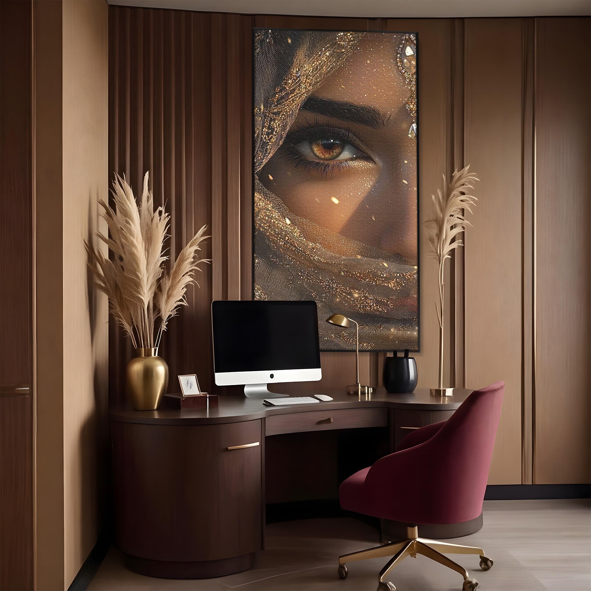 Tablou Canvas Premium LuxCanva® PI1349, Ochiul Invaluit In Aur, Femeie, Portret, Mister, Eleganta, Bijuterii, Culori Vibrante, Living, Dormitor