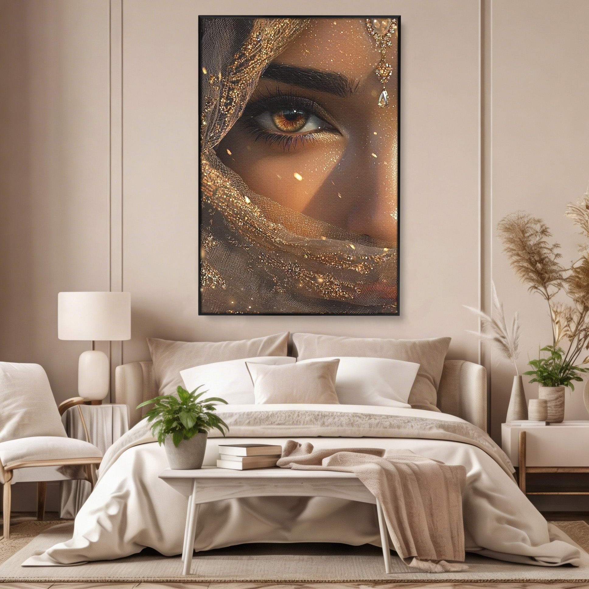 Tablou Canvas Premium LuxCanva® PI1349, Ochiul Invaluit In Aur, Femeie, Portret, Mister, Eleganta, Bijuterii, Culori Vibrante, Living, Dormitor