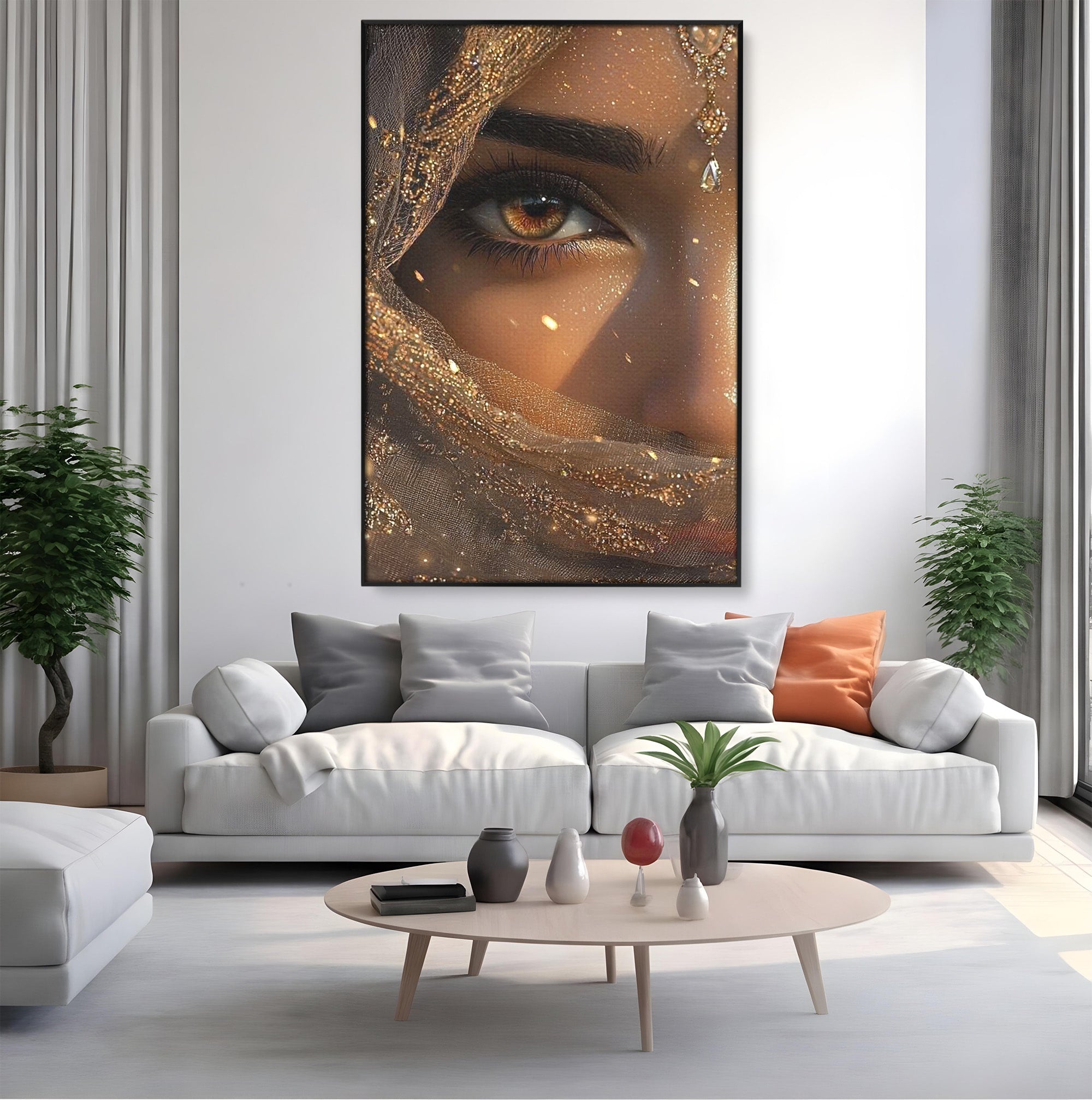 Tablou Canvas Premium LuxCanva® PI1349, Ochiul Invaluit In Aur, Femeie, Portret, Mister, Eleganta, Bijuterii, Culori Vibrante, Living, Dormitor