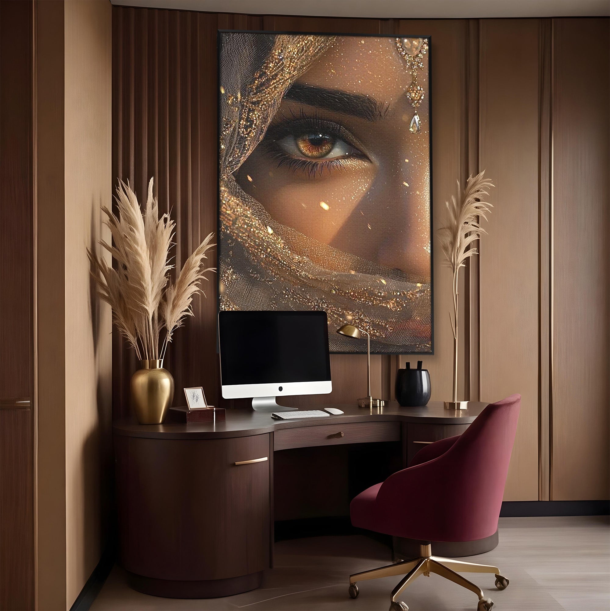 Tablou Canvas Premium LuxCanva® PI1349, Ochiul Invaluit In Aur, Femeie, Portret, Mister, Eleganta, Bijuterii, Culori Vibrante, Living, Dormitor