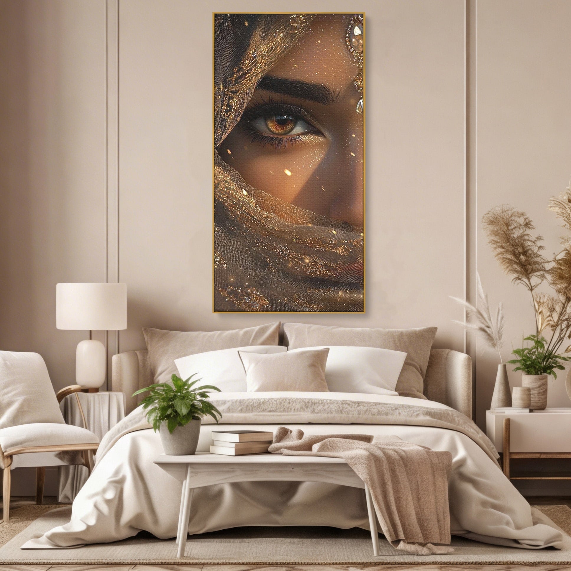Tablou Canvas Premium LuxCanva® PI1349, Ochiul Invaluit In Aur, Femeie, Portret, Mister, Eleganta, Bijuterii, Culori Vibrante, Living, Dormitor