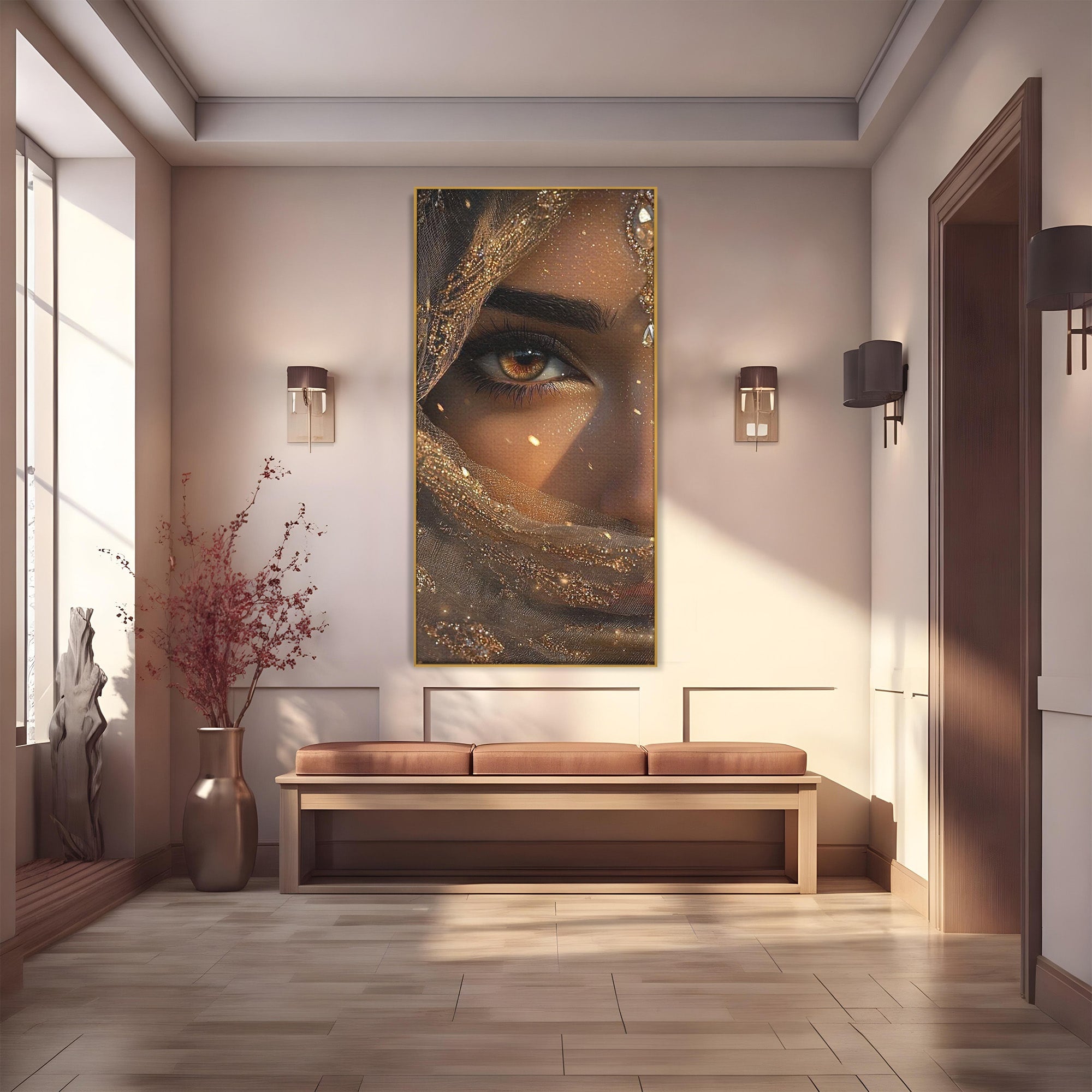 Tablou Canvas Premium LuxCanva® PI1349, Ochiul Invaluit In Aur, Femeie, Portret, Mister, Eleganta, Bijuterii, Culori Vibrante, Living, Dormitor