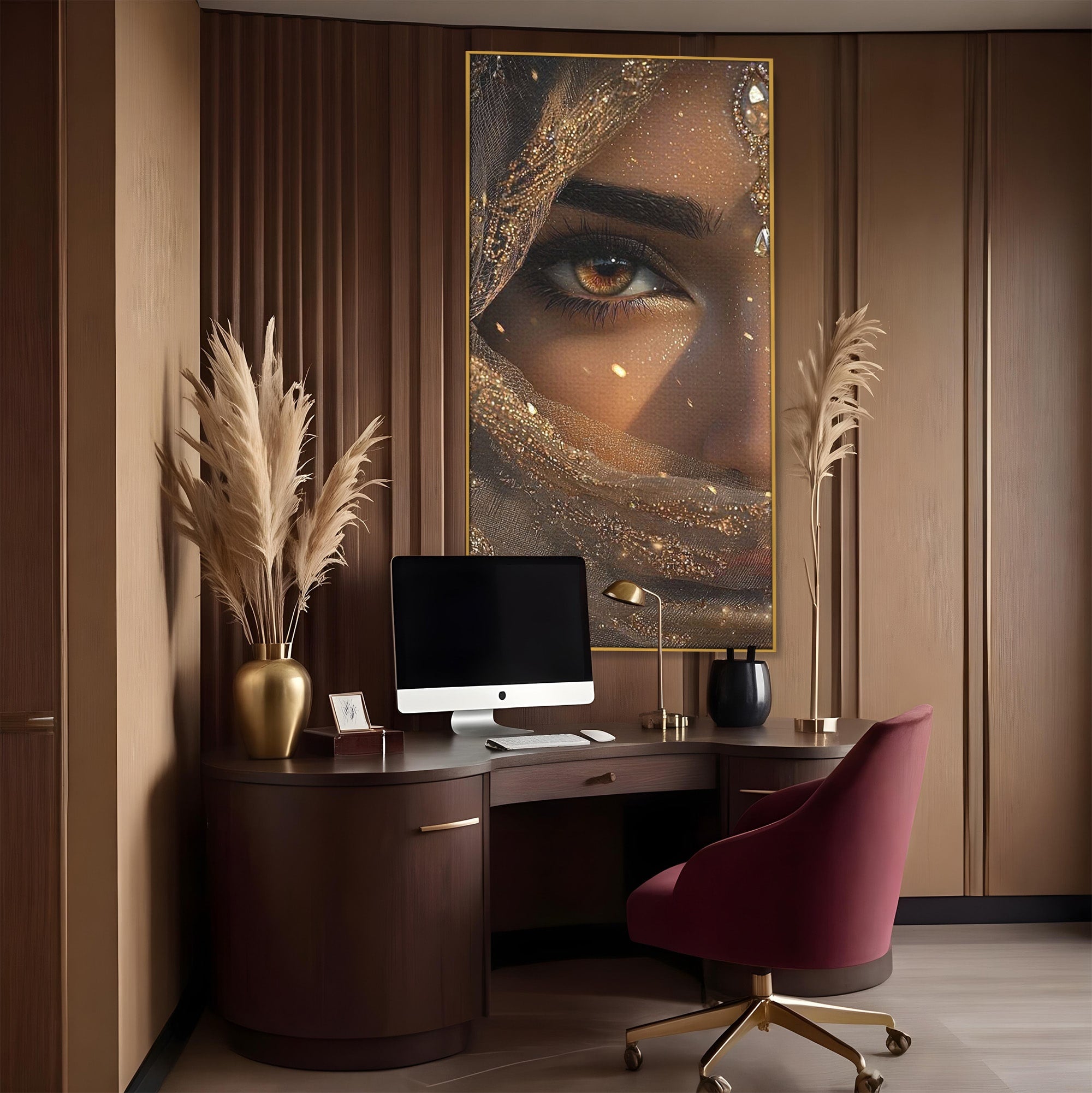 Tablou Canvas Premium LuxCanva® PI1349, Ochiul Invaluit In Aur, Femeie, Portret, Mister, Eleganta, Bijuterii, Culori Vibrante, Living, Dormitor