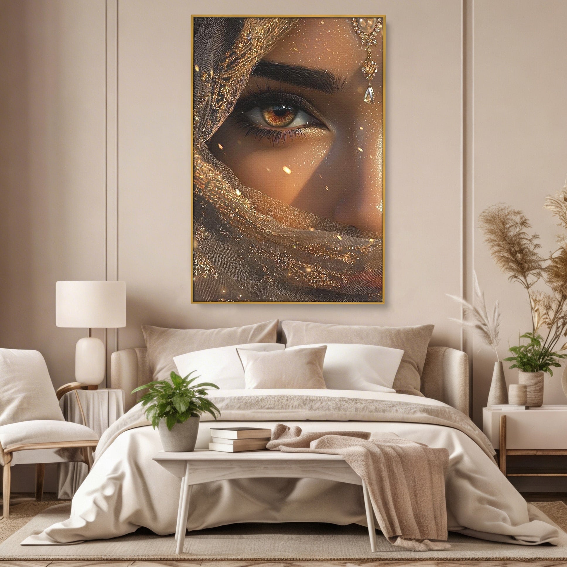 Tablou Canvas Premium LuxCanva® PI1349, Ochiul Invaluit In Aur, Femeie, Portret, Mister, Eleganta, Bijuterii, Culori Vibrante, Living, Dormitor