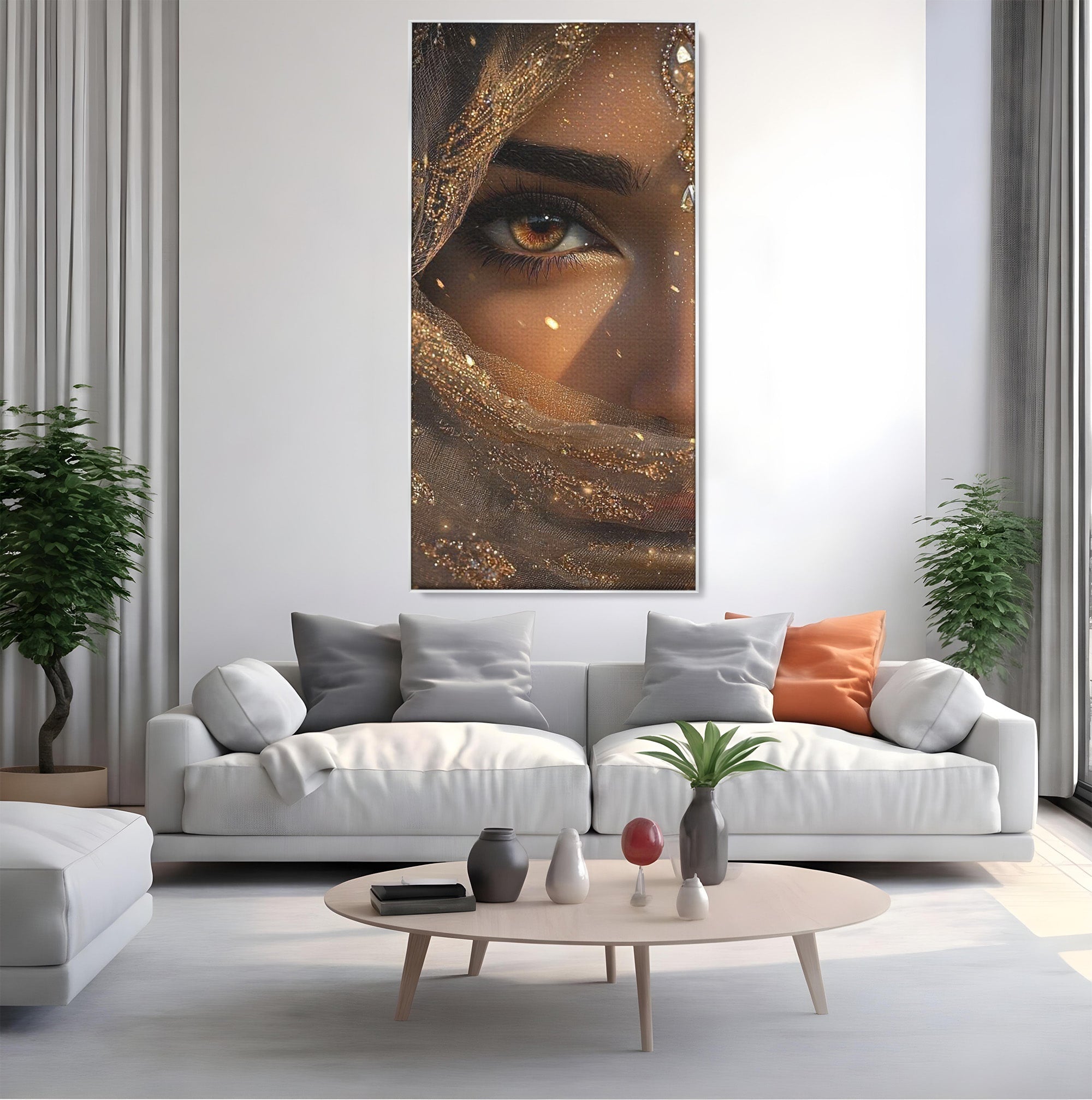 Tablou Canvas Premium LuxCanva® PI1349, Ochiul Invaluit In Aur, Femeie, Portret, Mister, Eleganta, Bijuterii, Culori Vibrante, Living, Dormitor