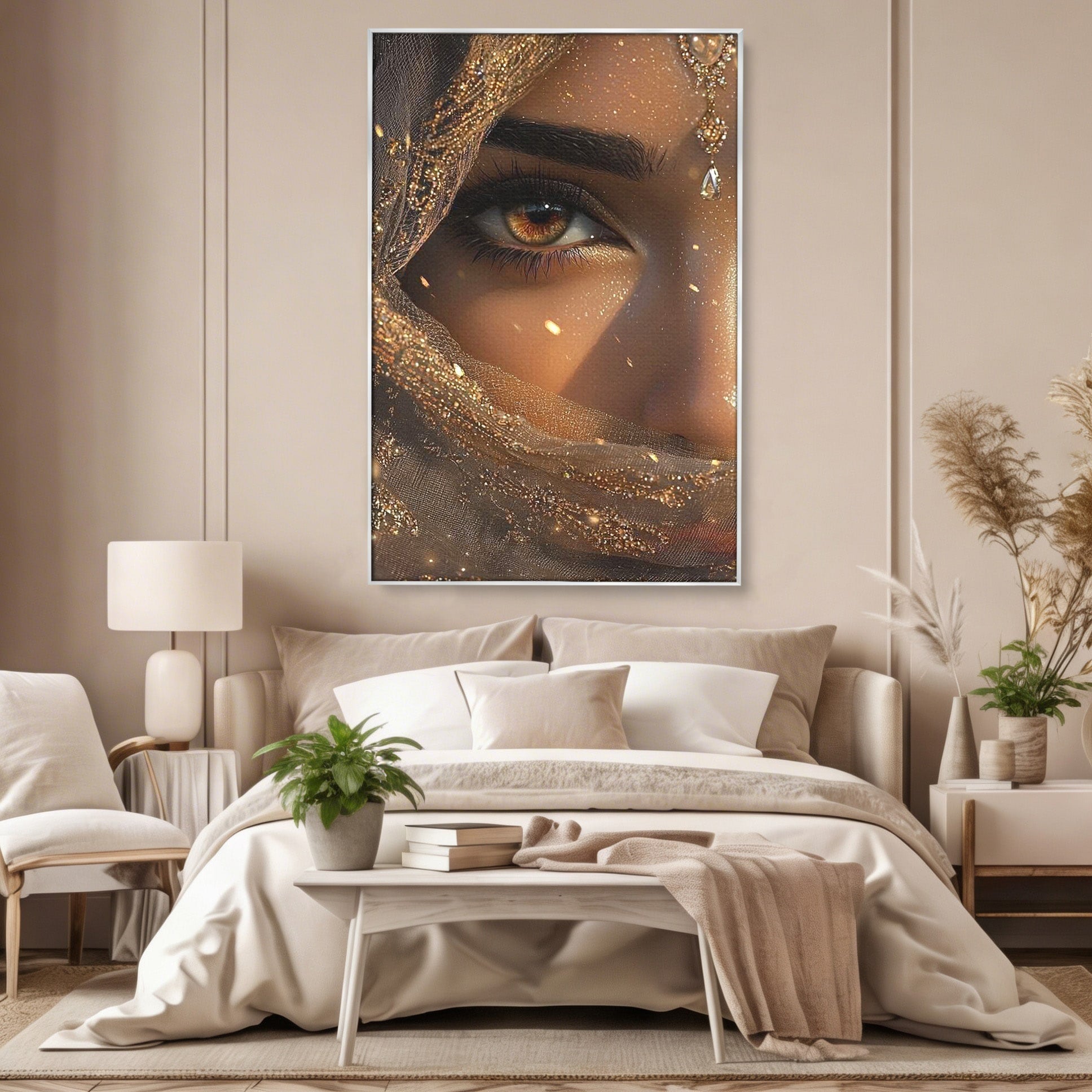Tablou Canvas Premium LuxCanva® PI1349, Ochiul Invaluit In Aur, Femeie, Portret, Mister, Eleganta, Bijuterii, Culori Vibrante, Living, Dormitor