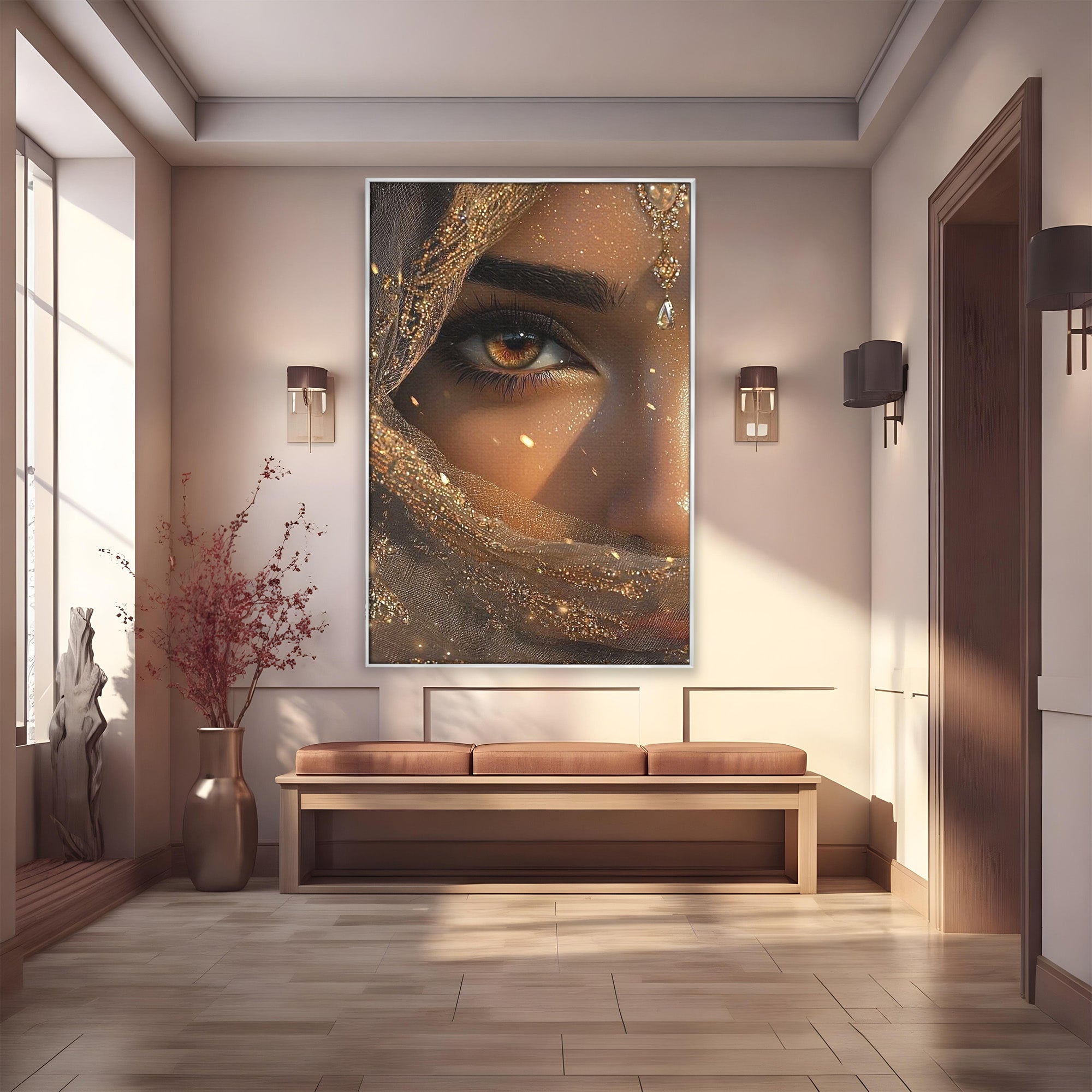 Tablou Canvas Premium LuxCanva® PI1349, Ochiul Invaluit In Aur, Femeie, Portret, Mister, Eleganta, Bijuterii, Culori Vibrante, Living, Dormitor