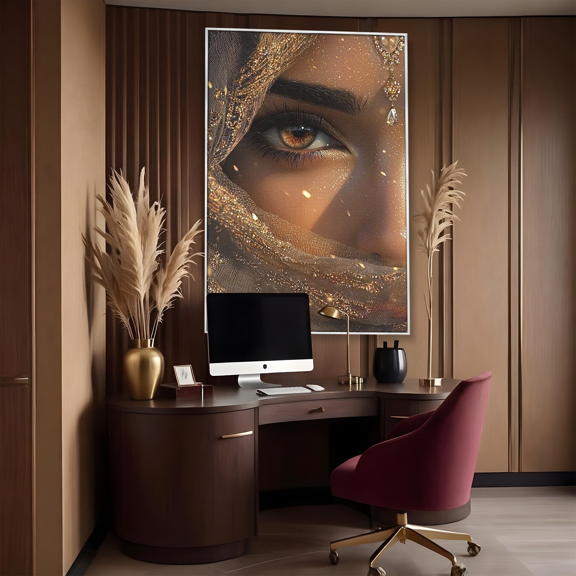 Tablou Canvas Premium LuxCanva® PI1349, Ochiul Invaluit In Aur, Femeie, Portret, Mister, Eleganta, Bijuterii, Culori Vibrante, Living, Dormitor