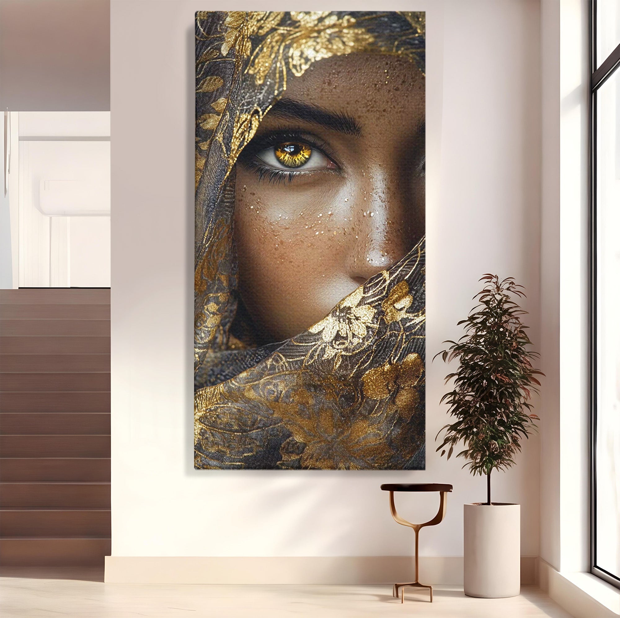 Tablou Canvas Premium LuxCanva® PI1351, Ochii Aurii, Portret, Femeie, Voal, Printesa, Culori Vibrante, Living, Dormitor, Salon