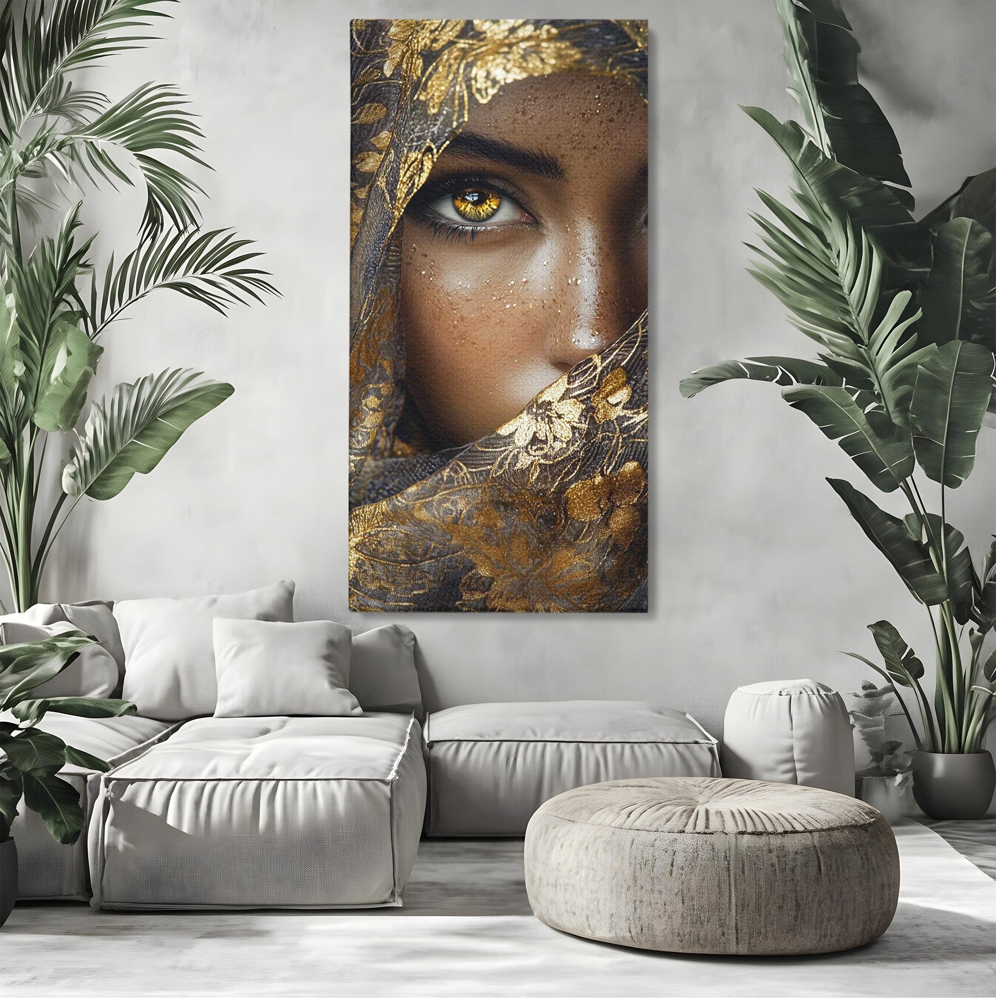 Tablou Canvas Premium LuxCanva® PI1351, Ochii Aurii, Portret, Femeie, Voal, Printesa, Culori Vibrante, Living, Dormitor, Salon