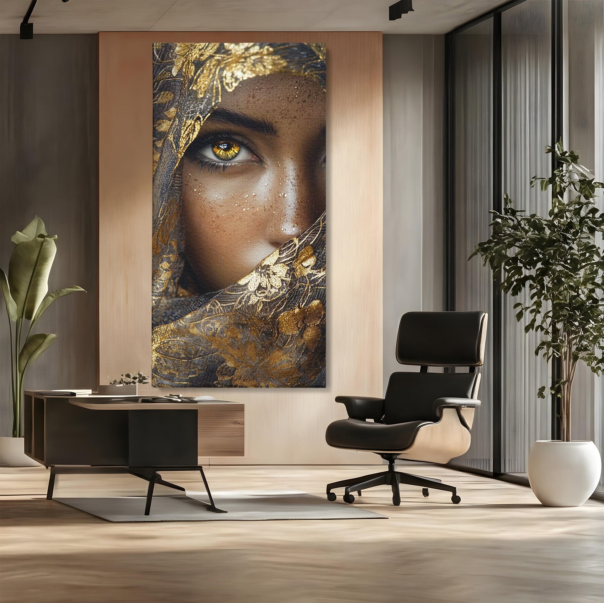 Tablou Canvas Premium LuxCanva® PI1351, Ochii Aurii, Portret, Femeie, Voal, Printesa, Culori Vibrante, Living, Dormitor, Salon