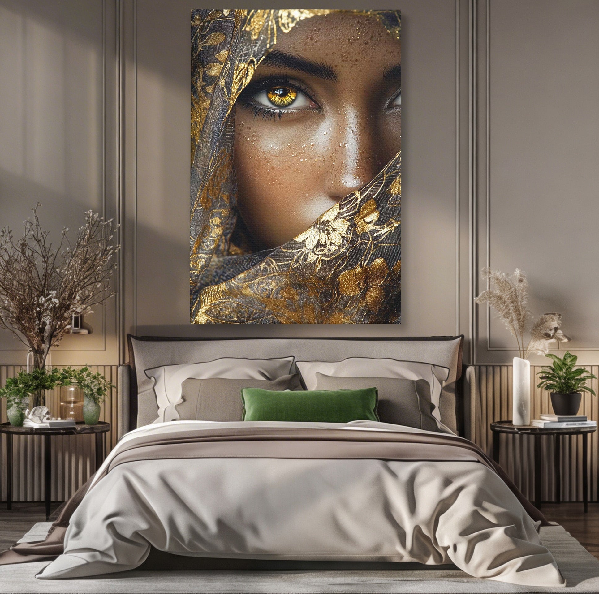 Tablou Canvas Premium LuxCanva® PI1351, Ochii Aurii, Portret, Femeie, Voal, Printesa, Culori Vibrante, Living, Dormitor, Salon
