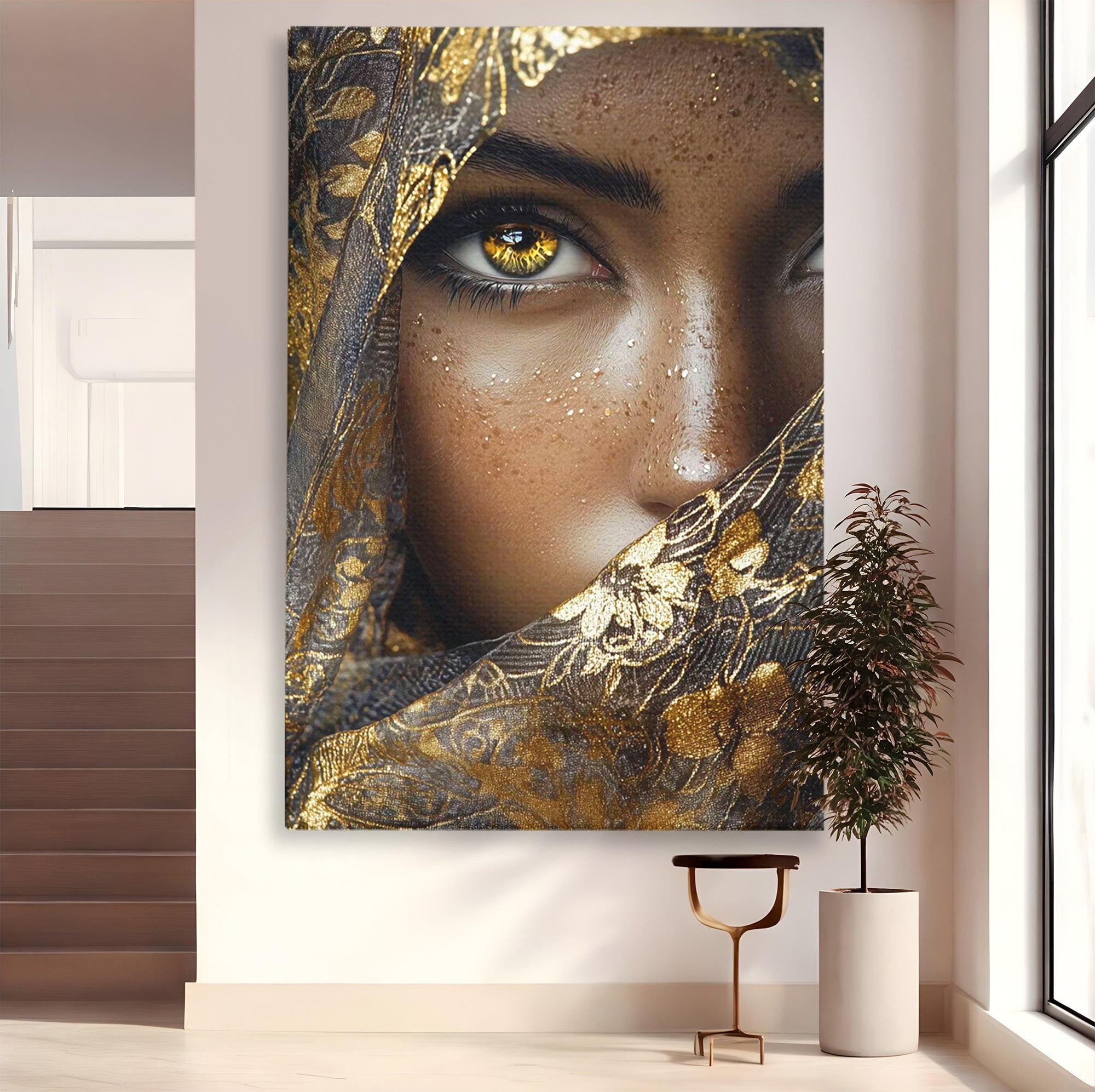 Tablou Canvas Premium LuxCanva® PI1351, Ochii Aurii, Portret, Femeie, Voal, Printesa, Culori Vibrante, Living, Dormitor, Salon