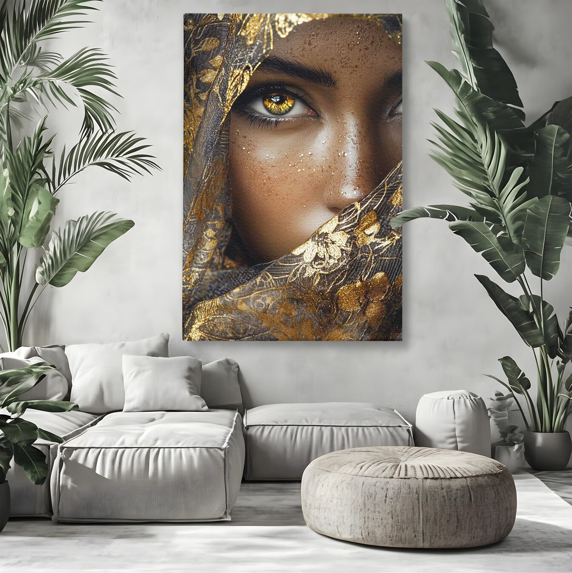 Tablou Canvas Premium LuxCanva® PI1351, Ochii Aurii, Portret, Femeie, Voal, Printesa, Culori Vibrante, Living, Dormitor, Salon