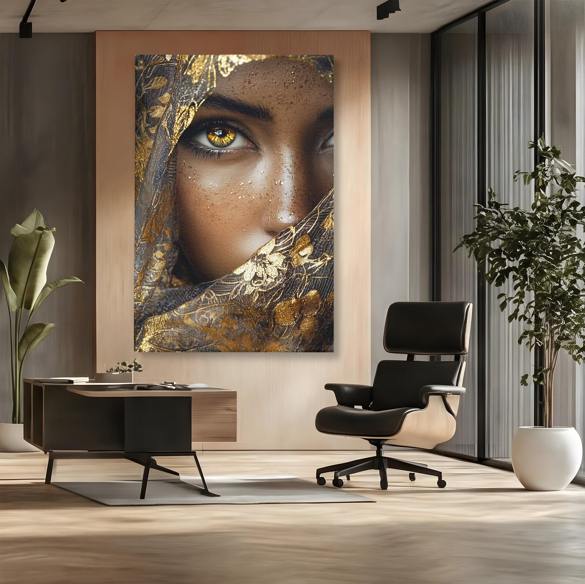 Tablou Canvas Premium LuxCanva® PI1351, Ochii Aurii, Portret, Femeie, Voal, Printesa, Culori Vibrante, Living, Dormitor, Salon