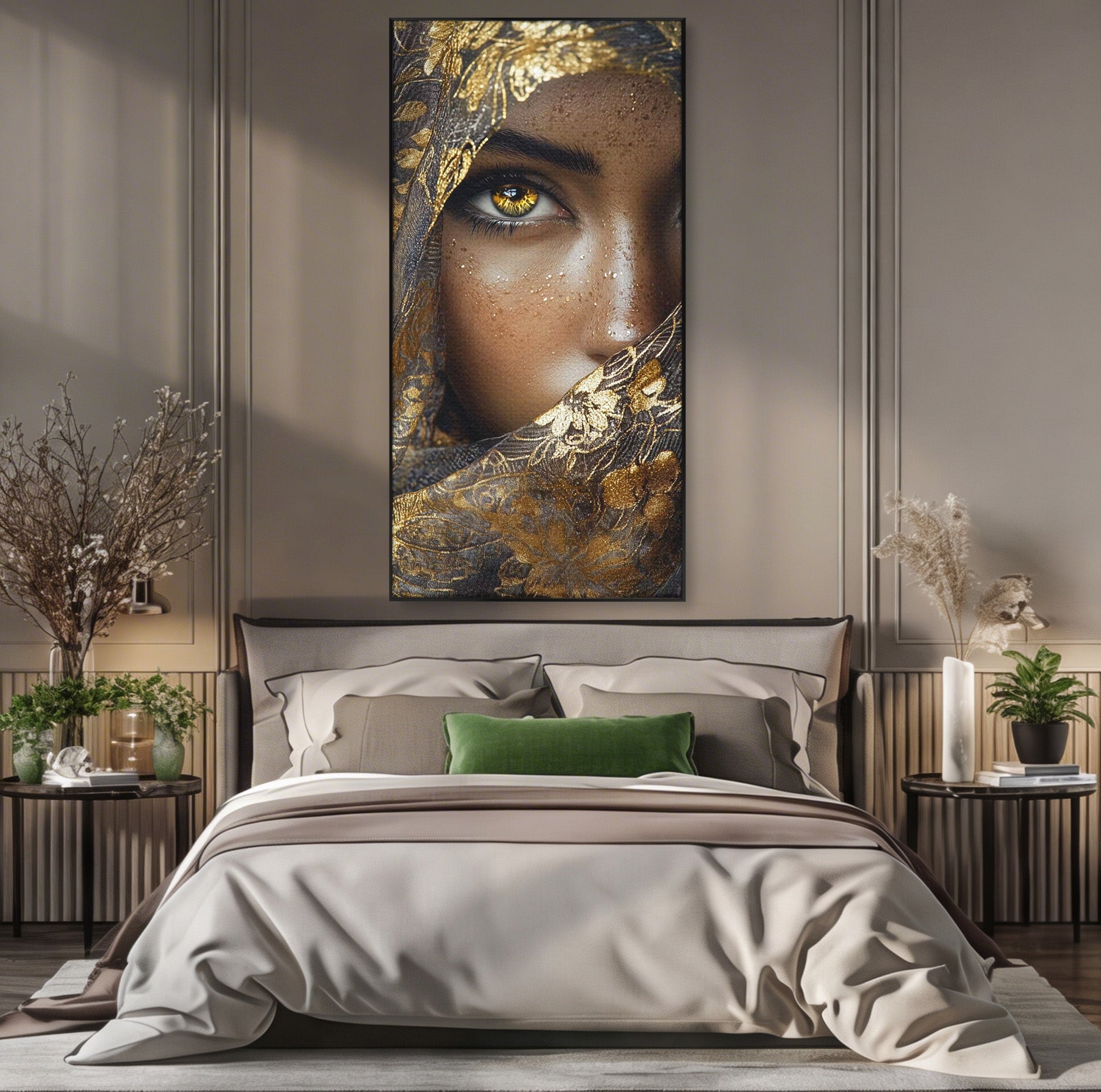 Tablou Canvas Premium LuxCanva® PI1351, Ochii Aurii, Portret, Femeie, Voal, Printesa, Culori Vibrante, Living, Dormitor, Salon
