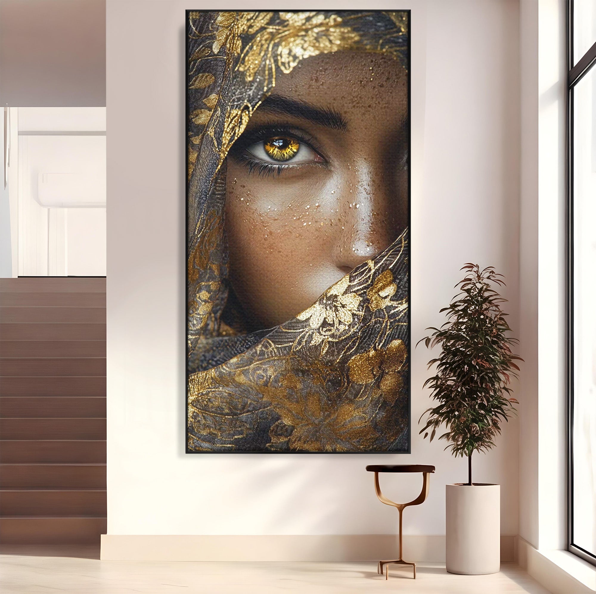 Tablou Canvas Premium LuxCanva® PI1351, Ochii Aurii, Portret, Femeie, Voal, Printesa, Culori Vibrante, Living, Dormitor, Salon