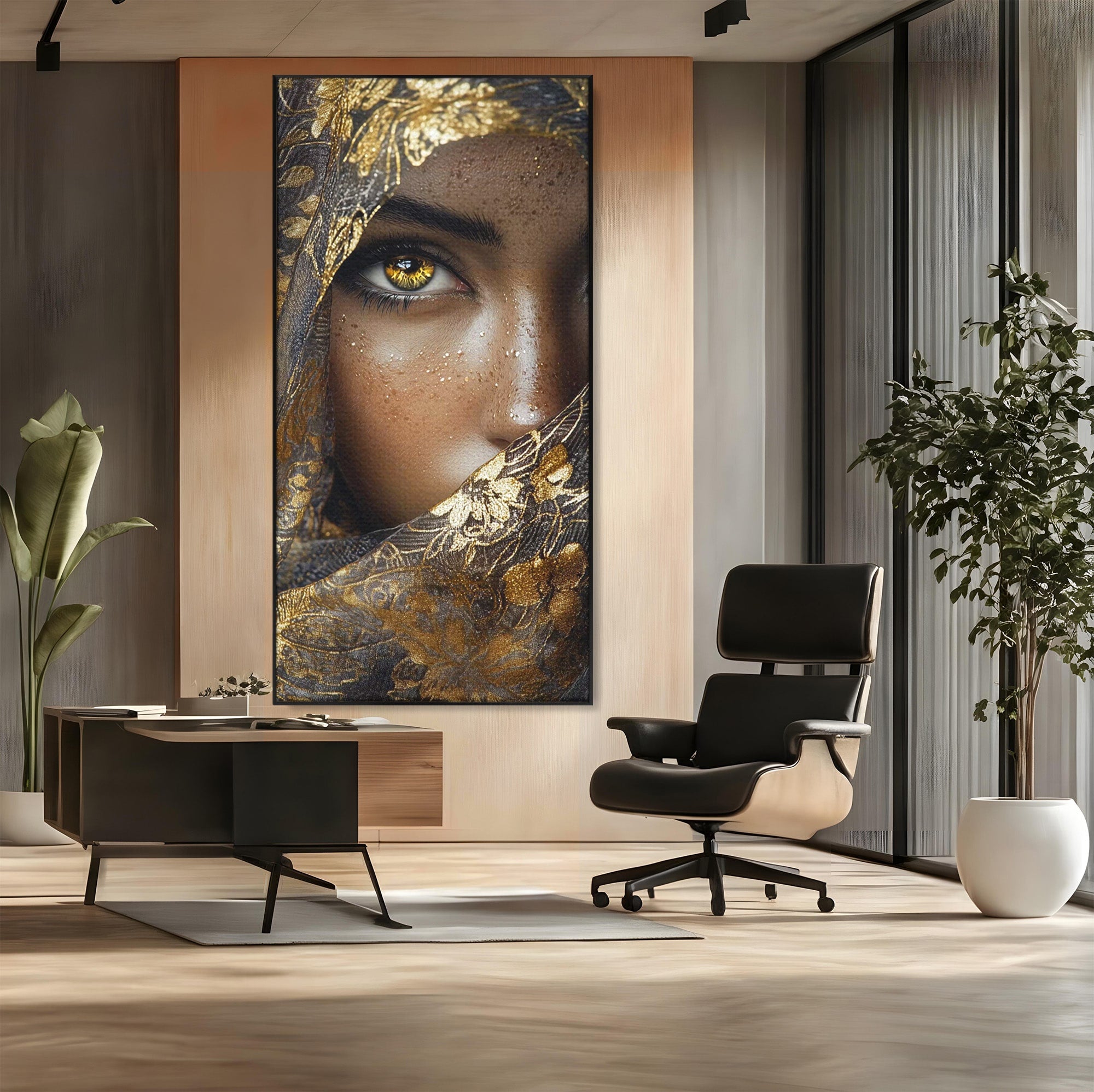 Tablou Canvas Premium LuxCanva® PI1351, Ochii Aurii, Portret, Femeie, Voal, Printesa, Culori Vibrante, Living, Dormitor, Salon