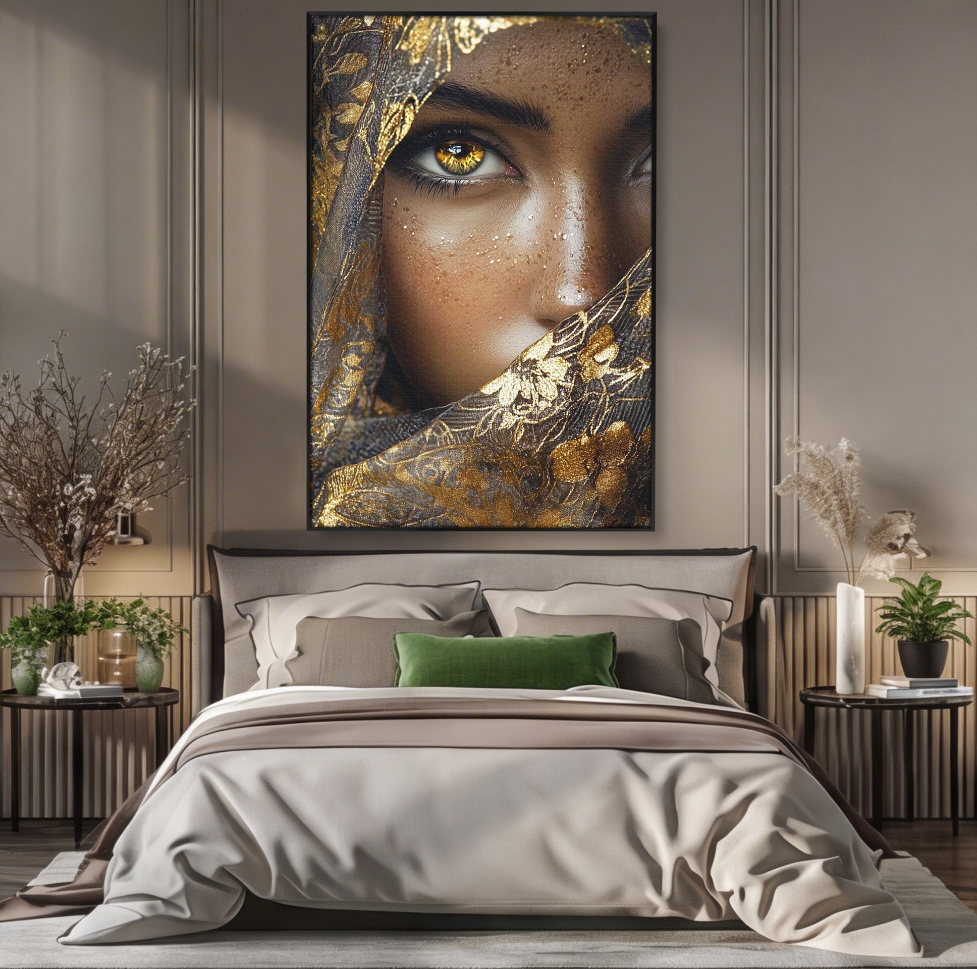 Tablou Canvas Premium LuxCanva® PI1351, Ochii Aurii, Portret, Femeie, Voal, Printesa, Culori Vibrante, Living, Dormitor, Salon