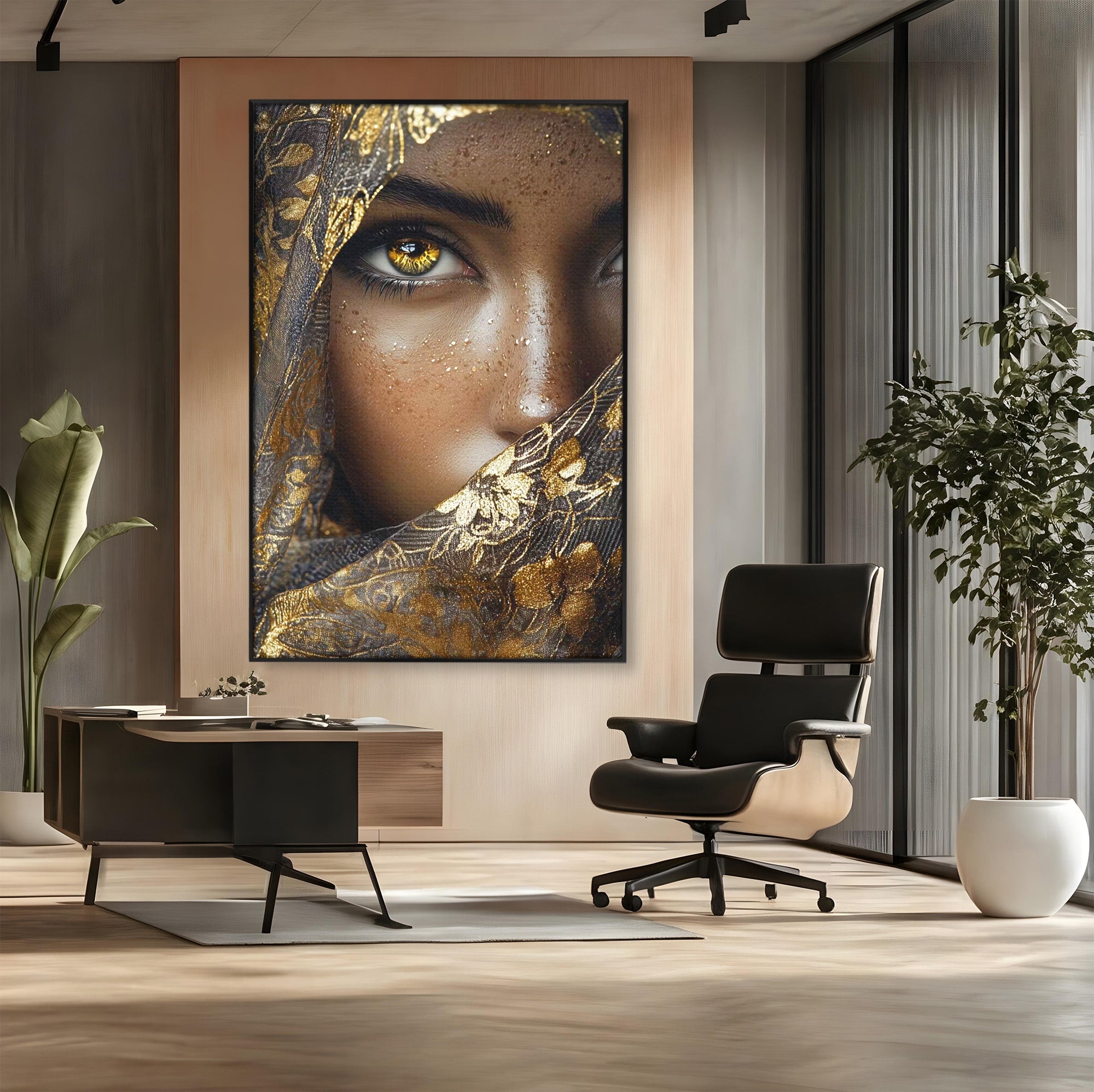 Tablou Canvas Premium LuxCanva® PI1351, Ochii Aurii, Portret, Femeie, Voal, Printesa, Culori Vibrante, Living, Dormitor, Salon