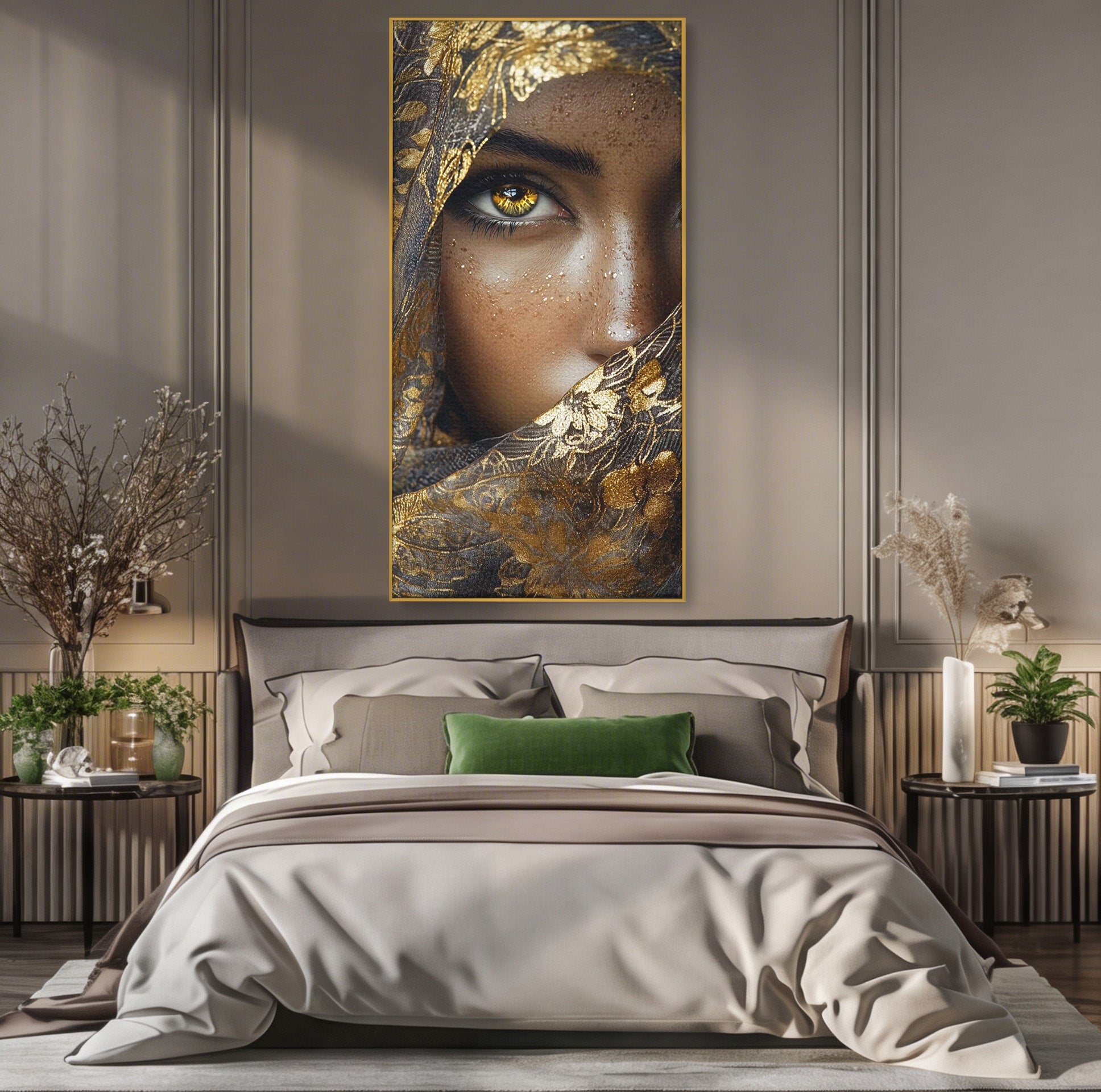 Tablou Canvas Premium LuxCanva® PI1351, Ochii Aurii, Portret, Femeie, Voal, Printesa, Culori Vibrante, Living, Dormitor, Salon