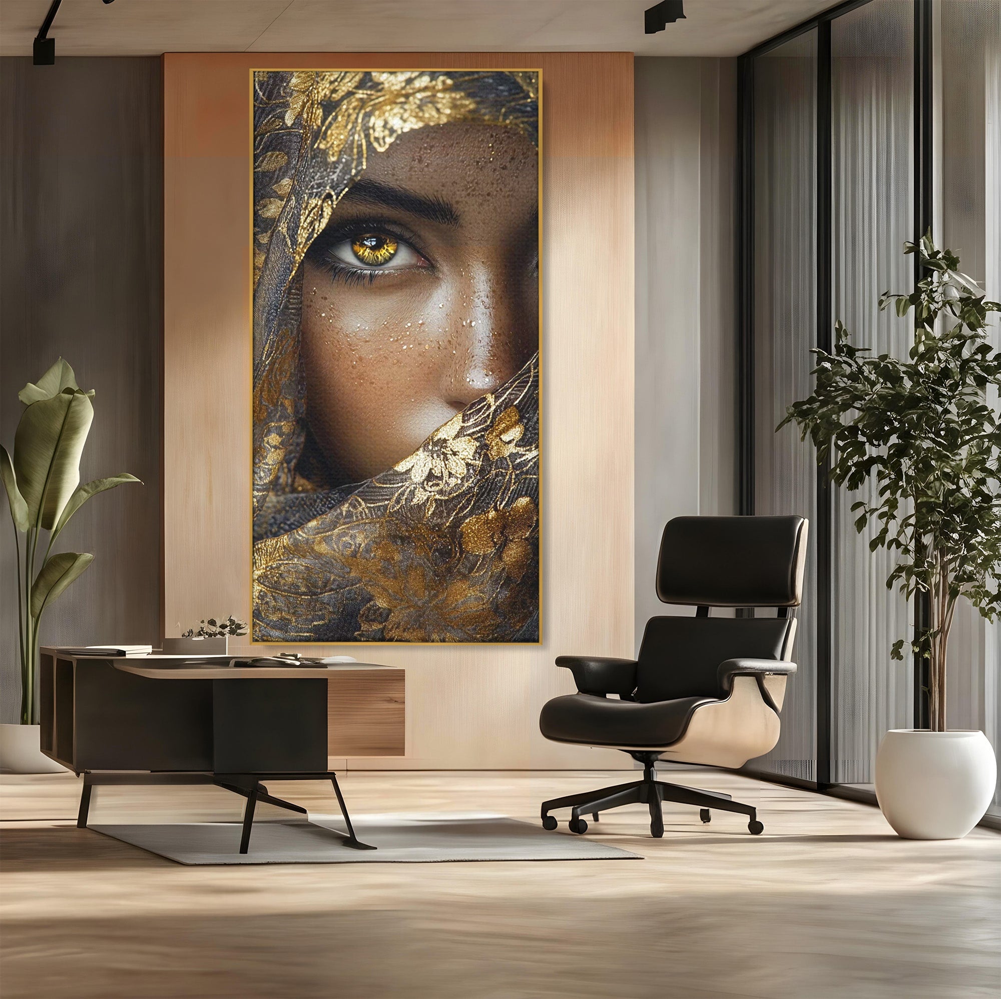 Tablou Canvas Premium LuxCanva® PI1351, Ochii Aurii, Portret, Femeie, Voal, Printesa, Culori Vibrante, Living, Dormitor, Salon