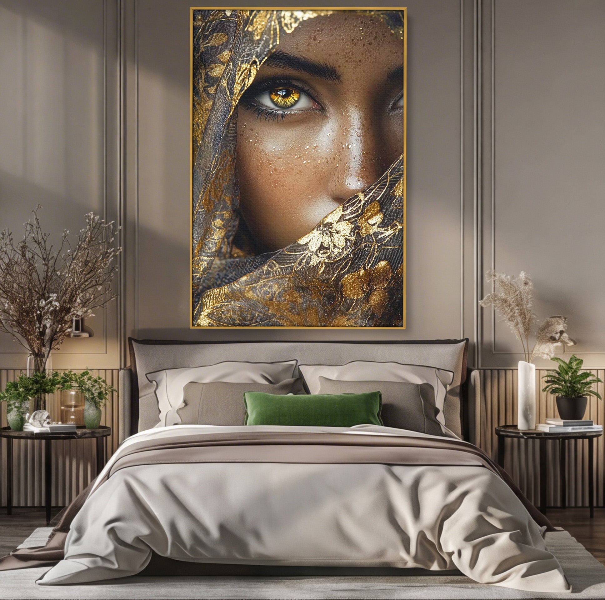 Tablou Canvas Premium LuxCanva® PI1351, Ochii Aurii, Portret, Femeie, Voal, Printesa, Culori Vibrante, Living, Dormitor, Salon