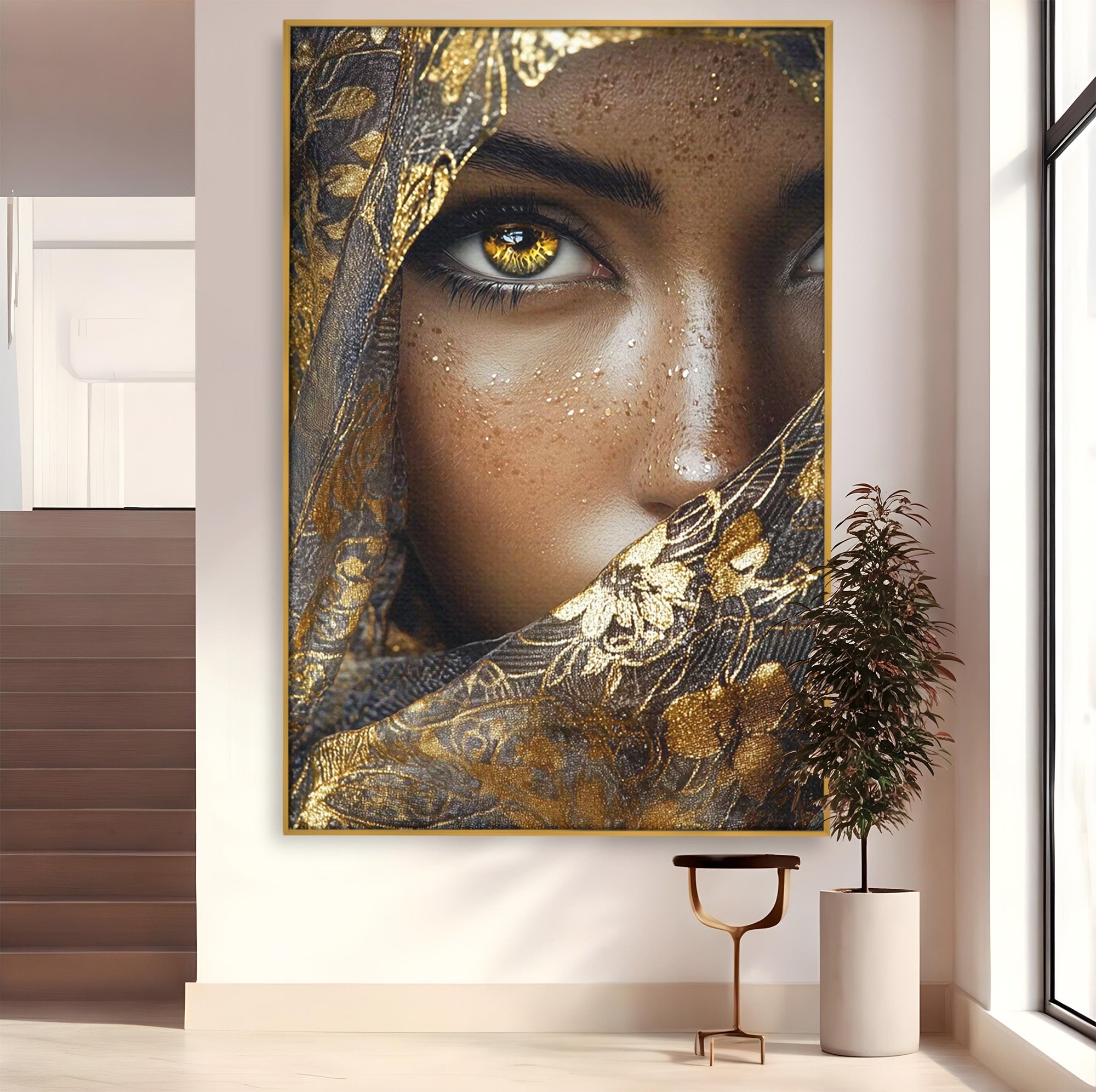 Tablou Canvas Premium LuxCanva® PI1351, Ochii Aurii, Portret, Femeie, Voal, Printesa, Culori Vibrante, Living, Dormitor, Salon
