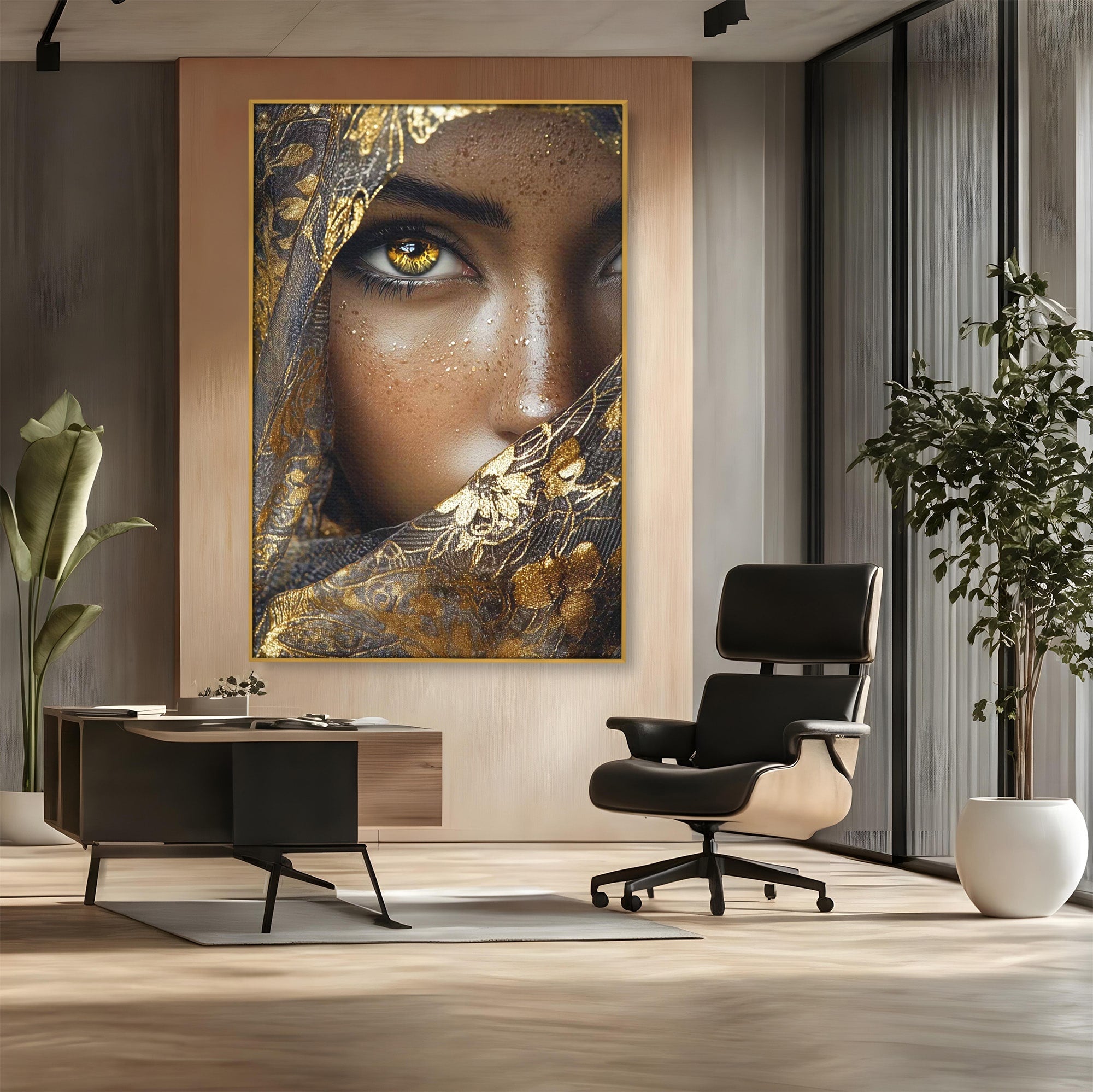 Tablou Canvas Premium LuxCanva® PI1351, Ochii Aurii, Portret, Femeie, Voal, Printesa, Culori Vibrante, Living, Dormitor, Salon