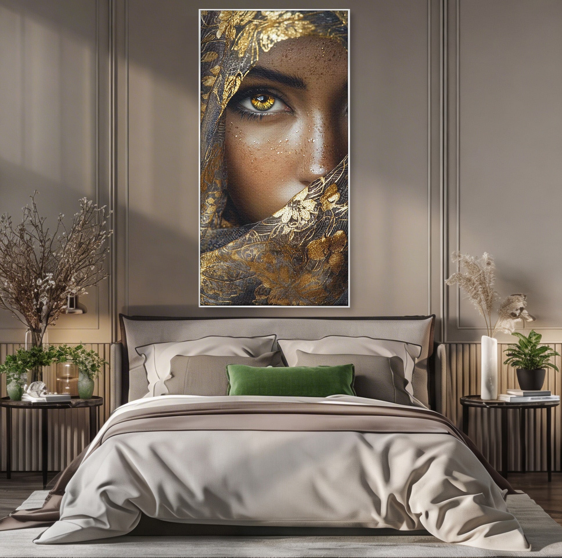 Tablou Canvas Premium LuxCanva® PI1351, Ochii Aurii, Portret, Femeie, Voal, Printesa, Culori Vibrante, Living, Dormitor, Salon