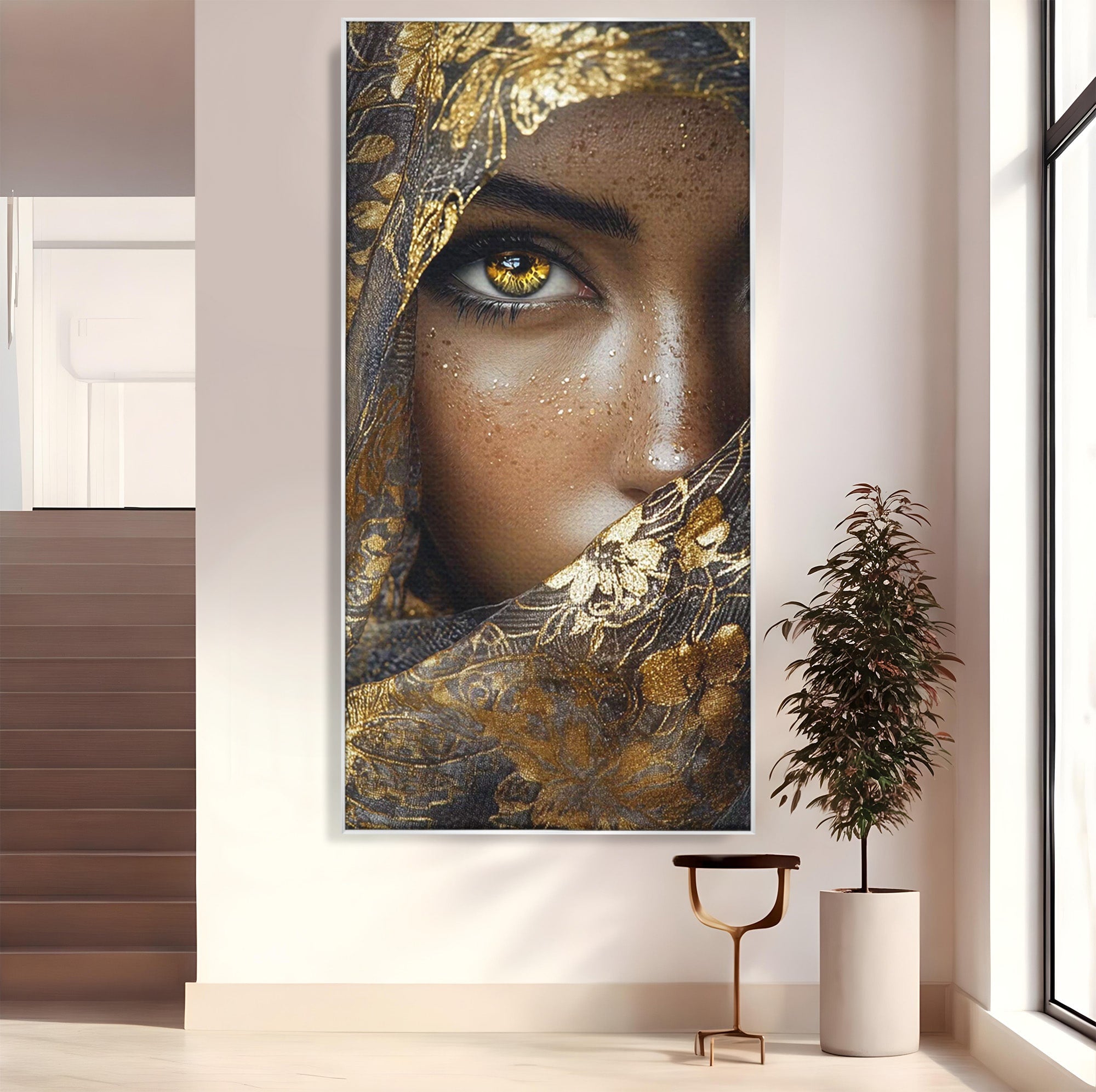 Tablou Canvas Premium LuxCanva® PI1351, Ochii Aurii, Portret, Femeie, Voal, Printesa, Culori Vibrante, Living, Dormitor, Salon