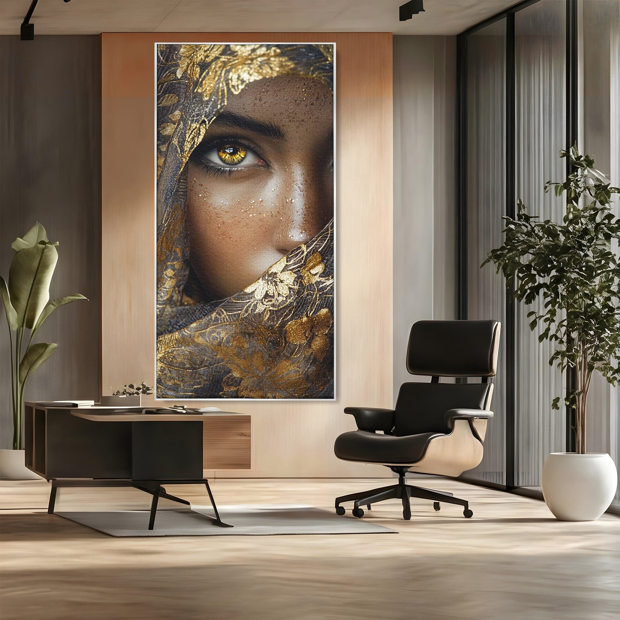 Tablou Canvas Premium LuxCanva® PI1351, Ochii Aurii, Portret, Femeie, Voal, Printesa, Culori Vibrante, Living, Dormitor, Salon