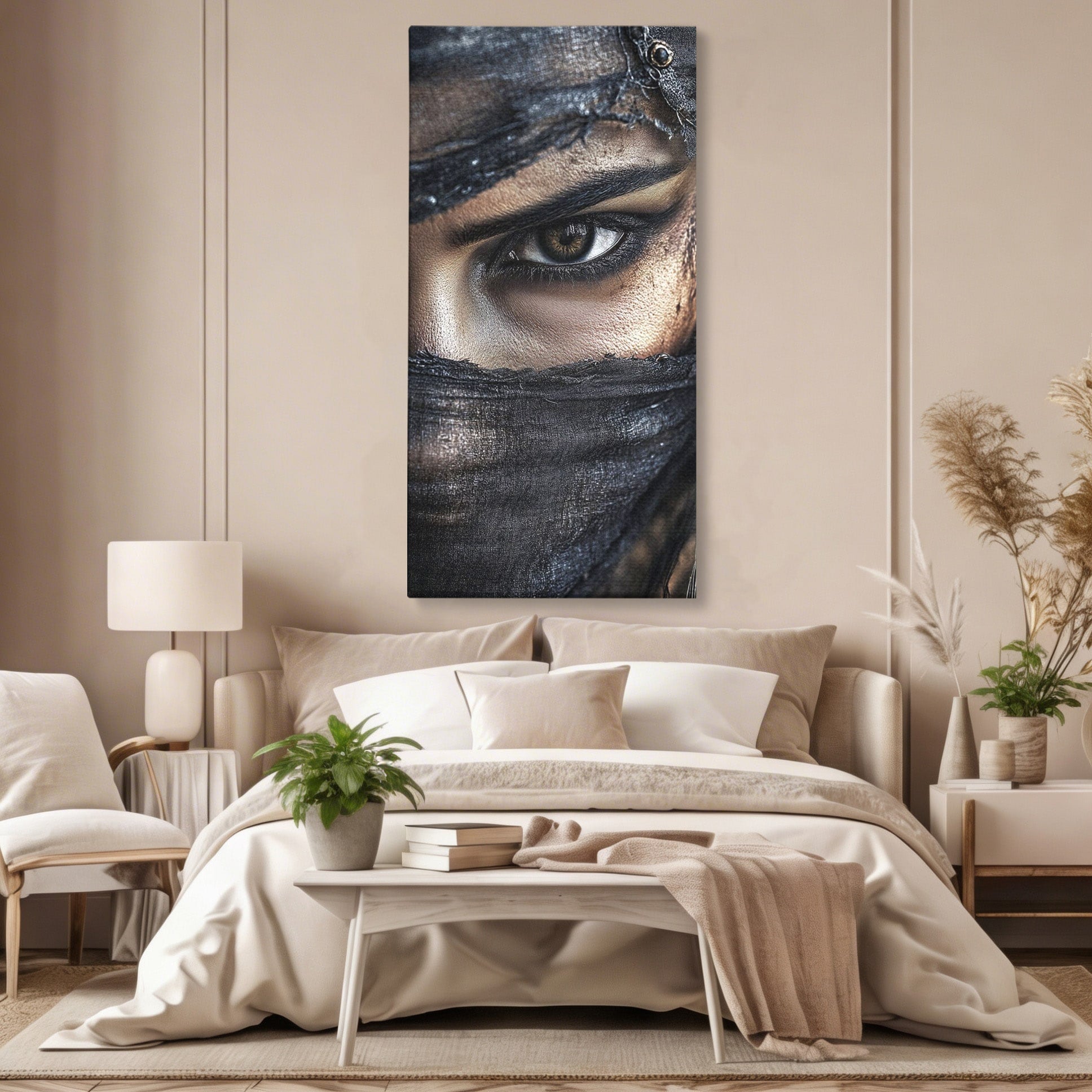 Tablou Canvas Premium LuxCanva® PI1352, Ochiul Enigmatic, Portret, Voal, Femeie, Ochi, Arta, Culori Vibrante, Living, Dormitor, Salon
