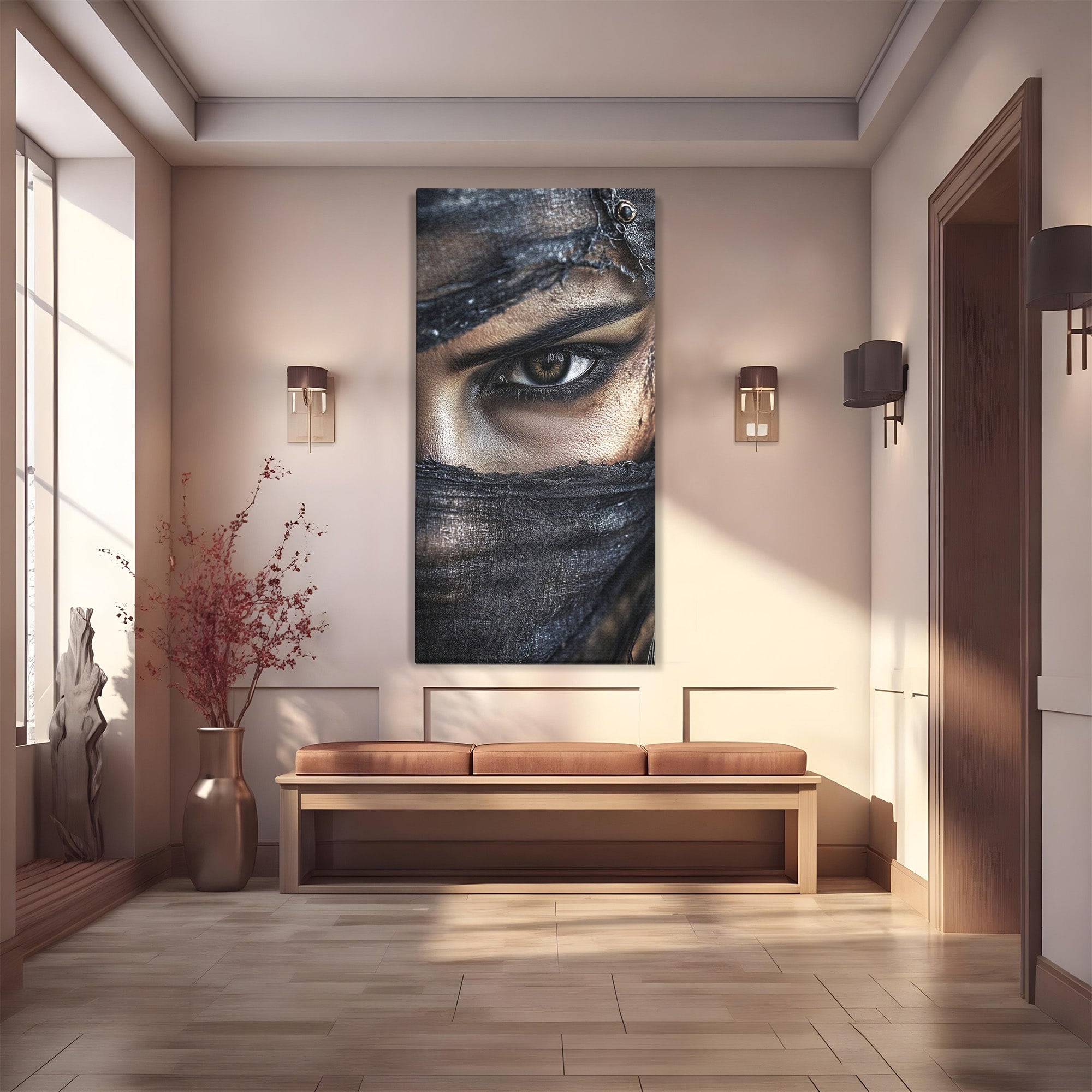 Tablou Canvas Premium LuxCanva® PI1352, Ochiul Enigmatic, Portret, Voal, Femeie, Ochi, Arta, Culori Vibrante, Living, Dormitor, Salon
