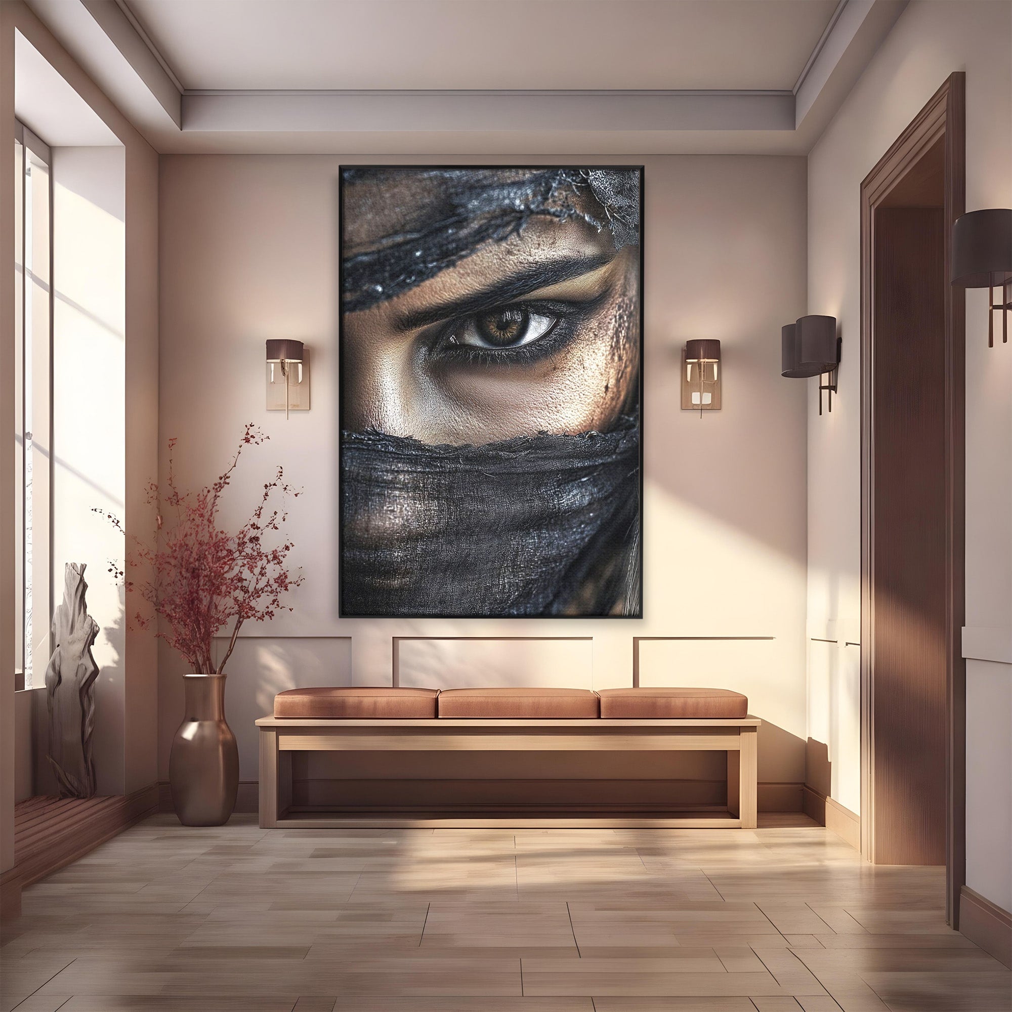 Tablou Canvas Premium LuxCanva® PI1352, Ochiul Enigmatic, Portret, Voal, Femeie, Ochi, Arta, Culori Vibrante, Living, Dormitor, Salon