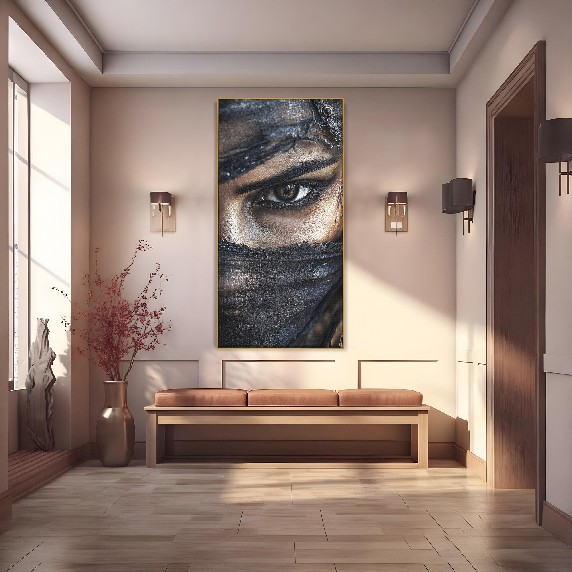 Tablou Canvas Premium LuxCanva® PI1352, Ochiul Enigmatic, Portret, Voal, Femeie, Ochi, Arta, Culori Vibrante, Living, Dormitor, Salon