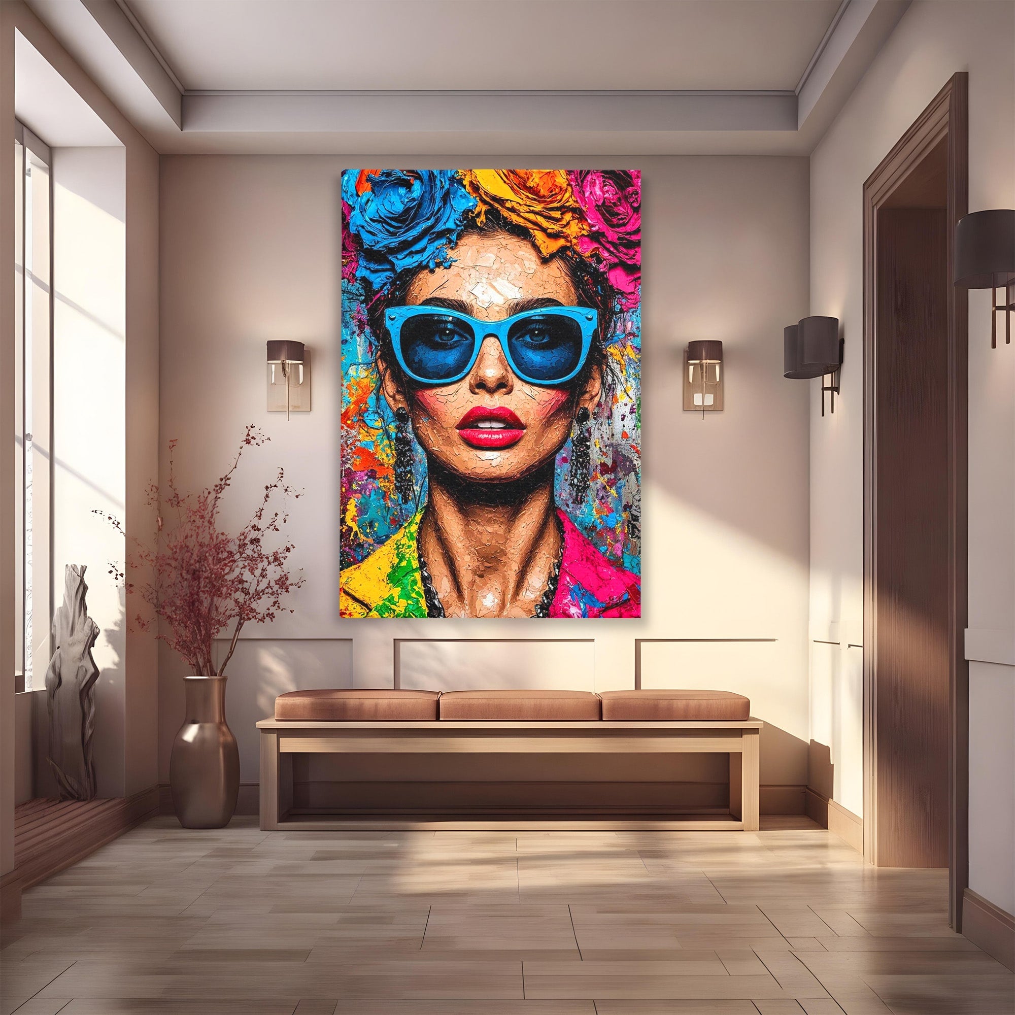 Tablou Canvas Premium LuxCanva® PI1354, Femeie Cu Ochelari, Portret, Lux, Moda, Modern, Culori Vibrante, Living, Dormitor, Salon