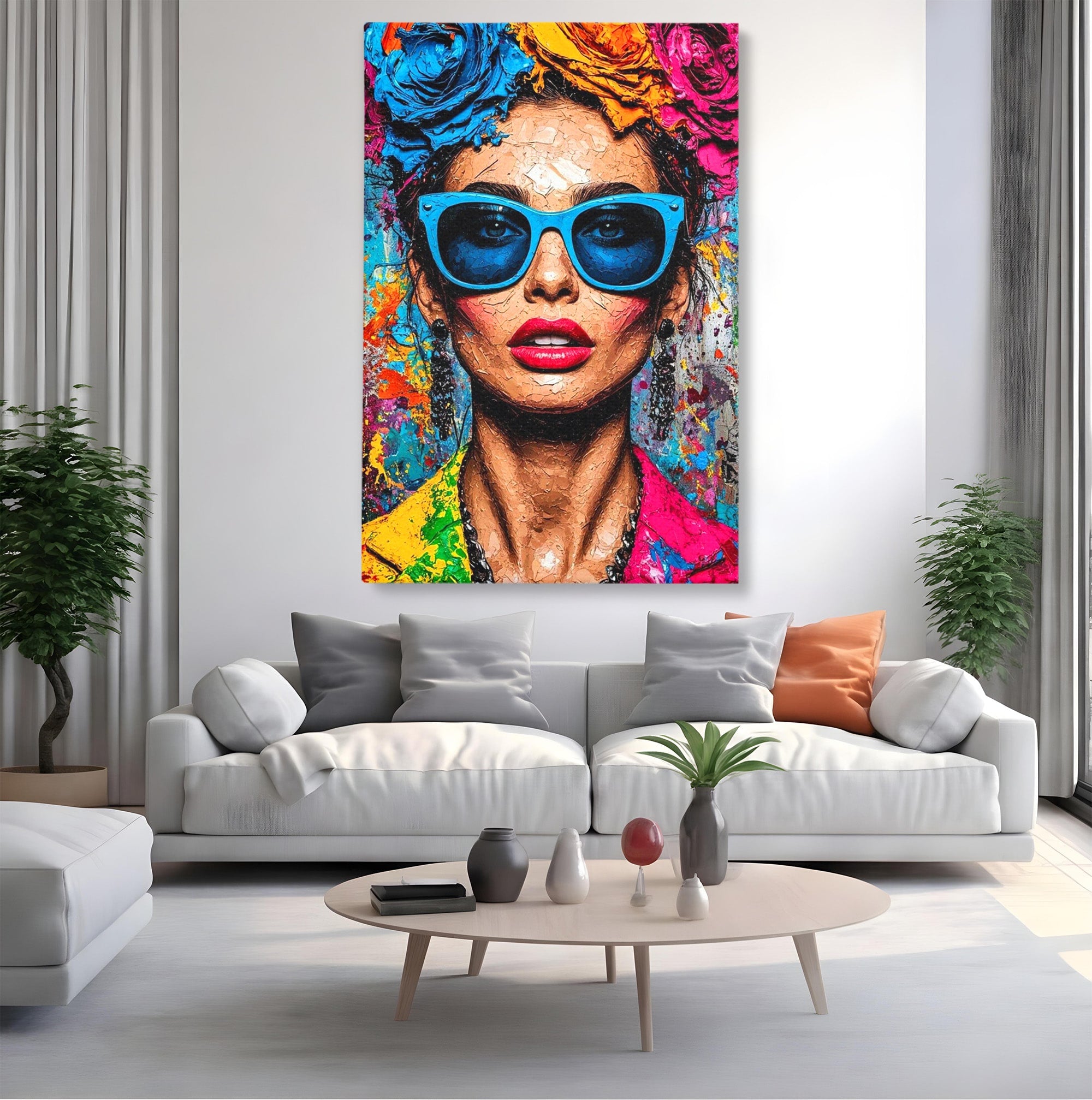 Tablou Canvas Premium LuxCanva® PI1354, Femeie Cu Ochelari, Portret, Lux, Moda, Modern, Culori Vibrante, Living, Dormitor, Salon