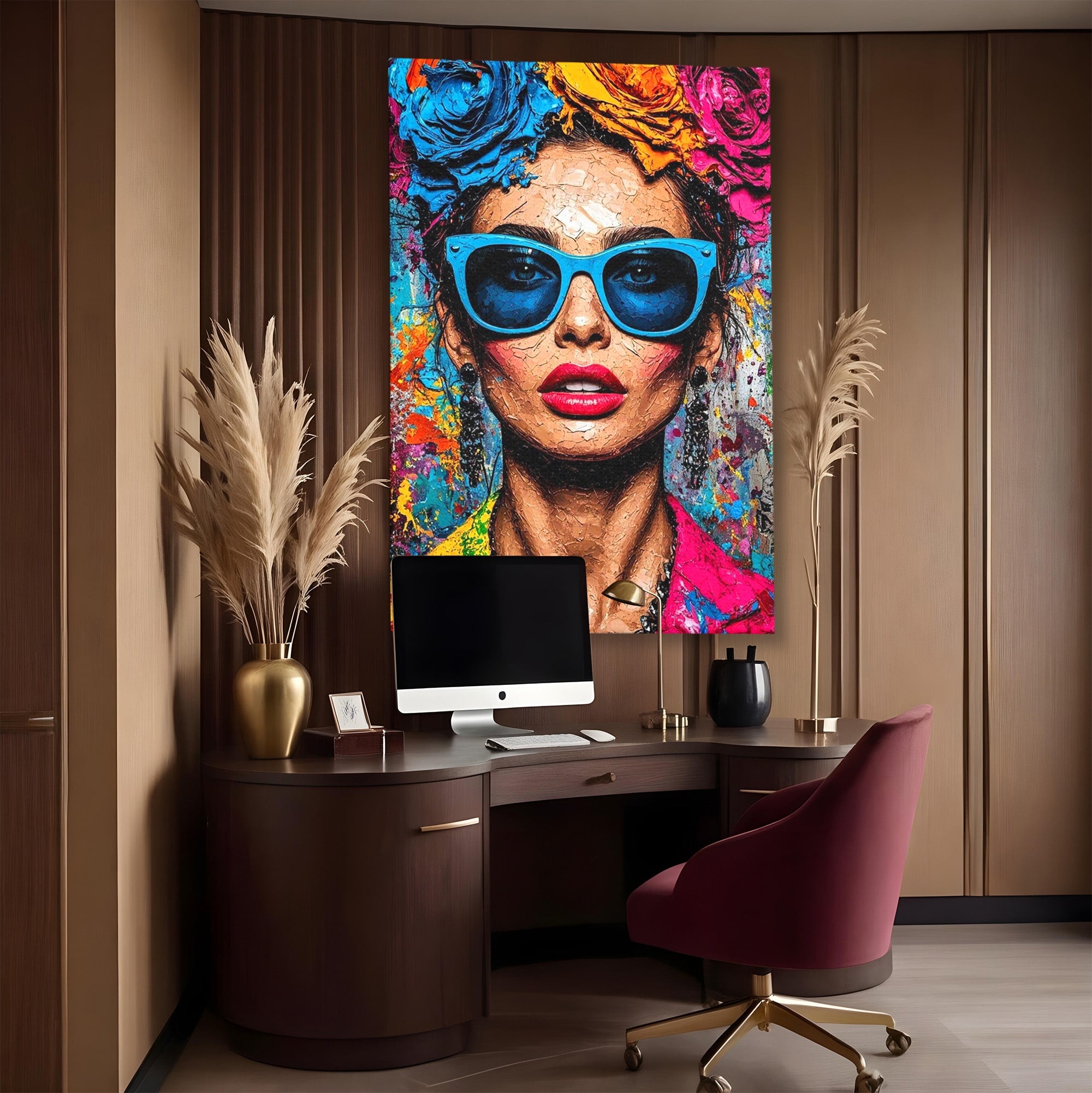 Tablou Canvas Premium LuxCanva® PI1354, Femeie Cu Ochelari, Portret, Lux, Moda, Modern, Culori Vibrante, Living, Dormitor, Salon