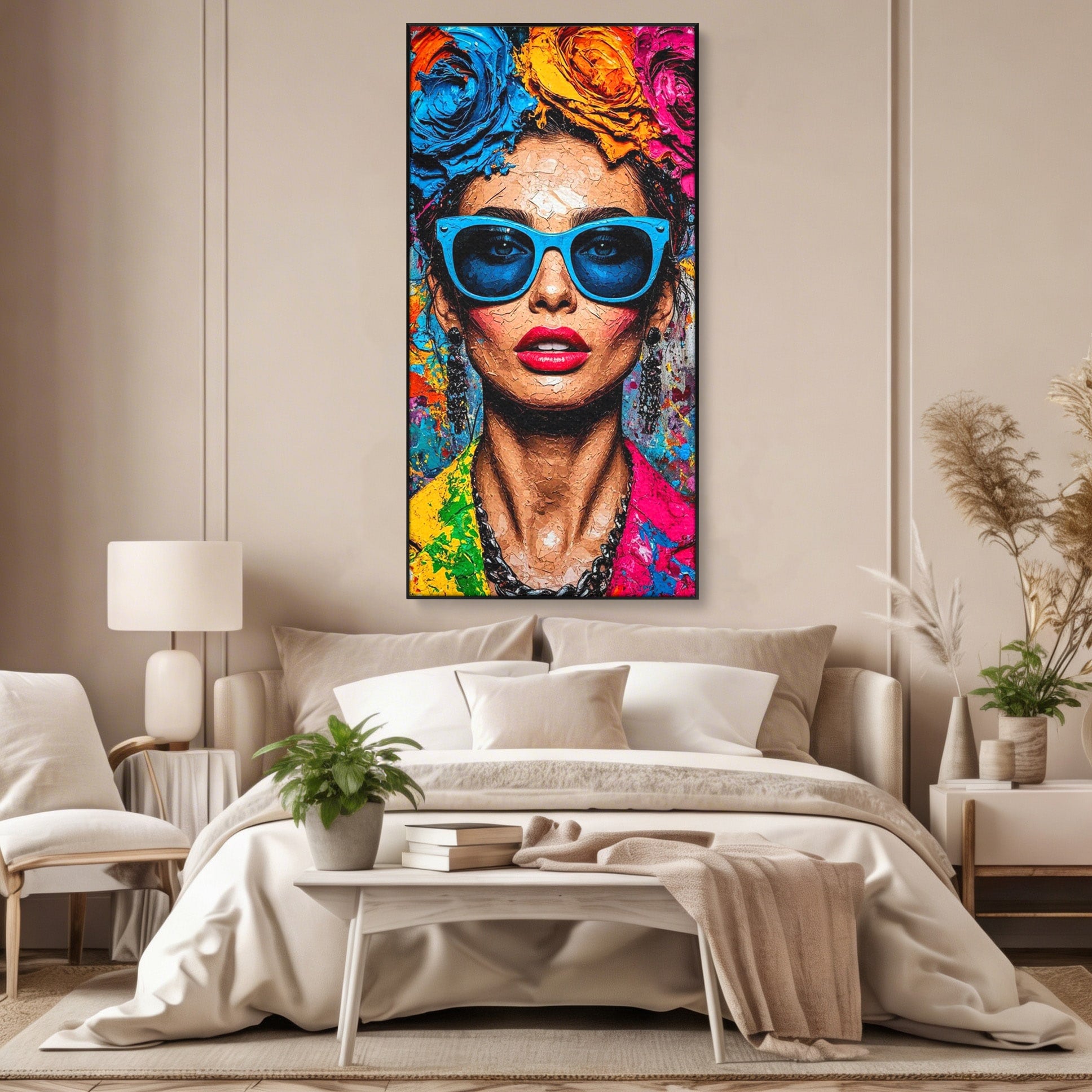 Tablou Canvas Premium LuxCanva® PI1354, Femeie Cu Ochelari, Portret, Lux, Moda, Modern, Culori Vibrante, Living, Dormitor, Salon