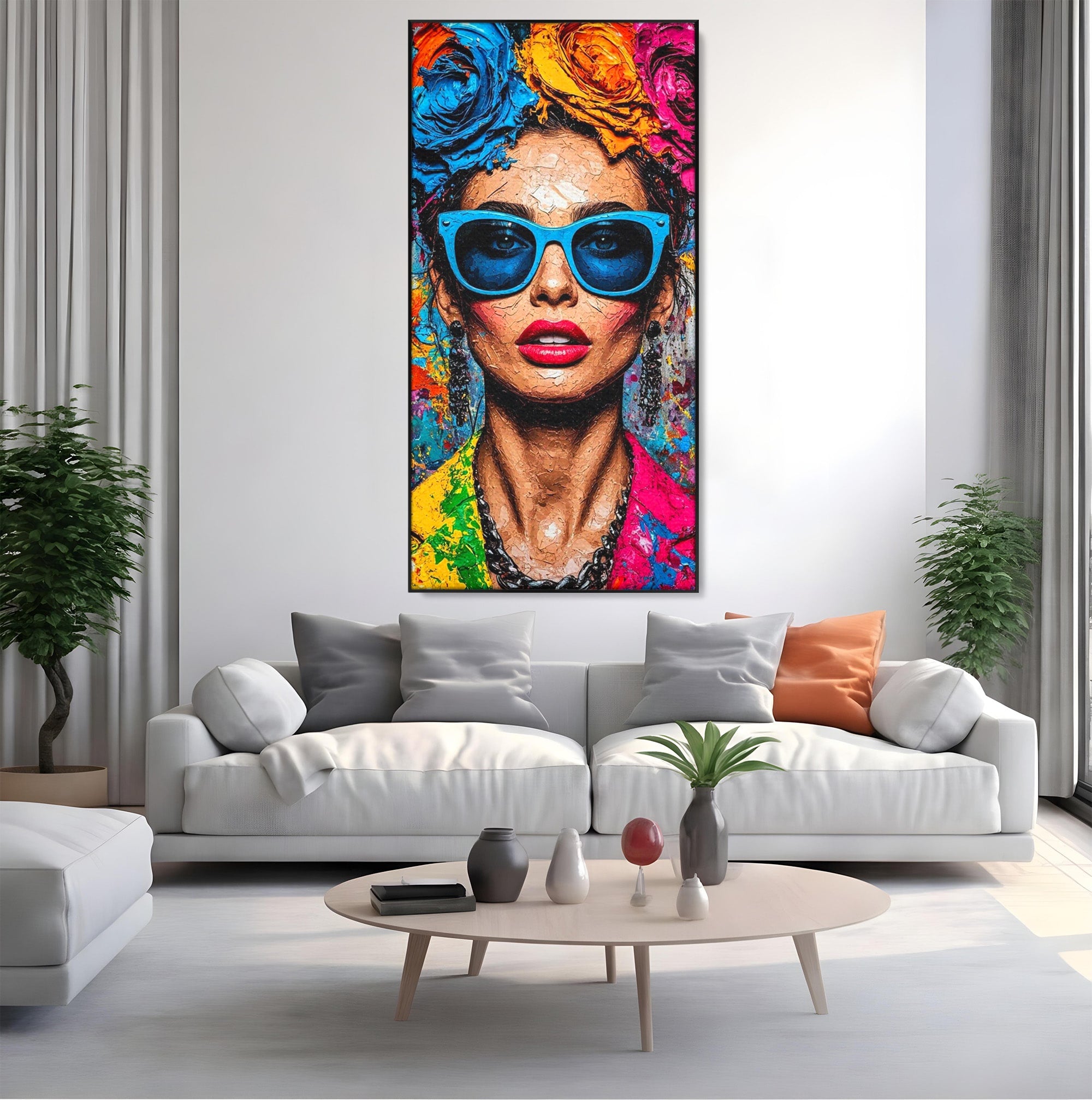 Tablou Canvas Premium LuxCanva® PI1354, Femeie Cu Ochelari, Portret, Lux, Moda, Modern, Culori Vibrante, Living, Dormitor, Salon