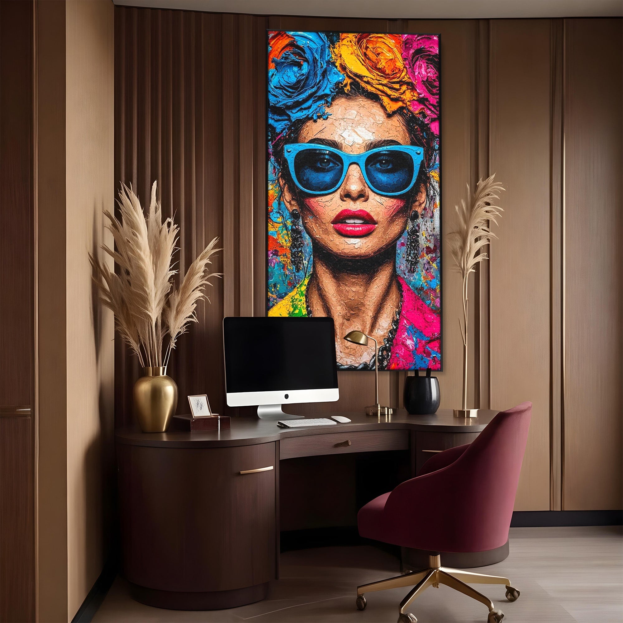 Tablou Canvas Premium LuxCanva® PI1354, Femeie Cu Ochelari, Portret, Lux, Moda, Modern, Culori Vibrante, Living, Dormitor, Salon