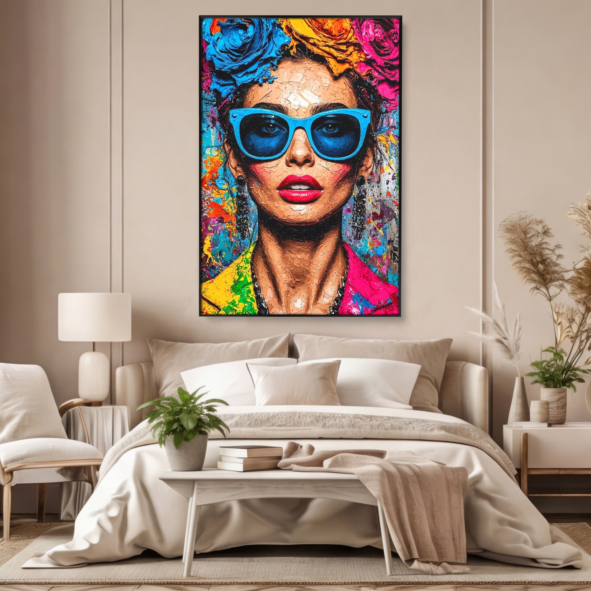 Tablou Canvas Premium LuxCanva® PI1354, Femeie Cu Ochelari, Portret, Lux, Moda, Modern, Culori Vibrante, Living, Dormitor, Salon