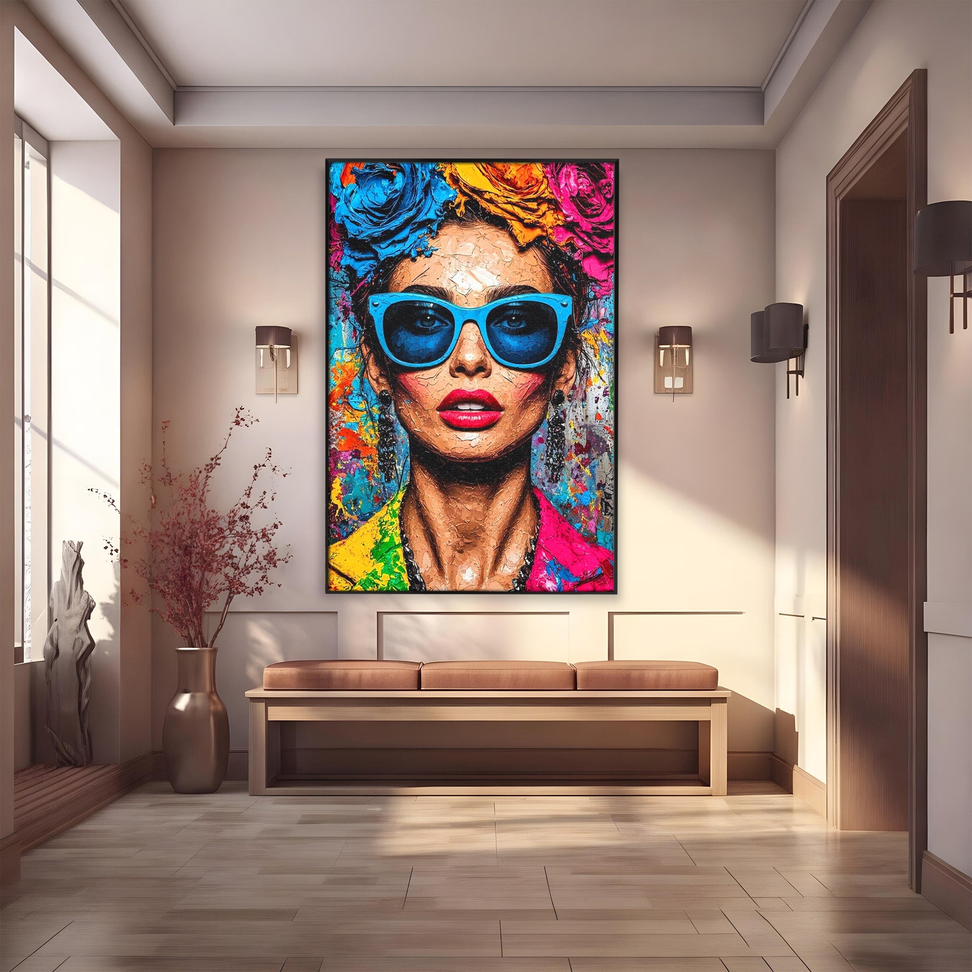 Tablou Canvas Premium LuxCanva® PI1354, Femeie Cu Ochelari, Portret, Lux, Moda, Modern, Culori Vibrante, Living, Dormitor, Salon