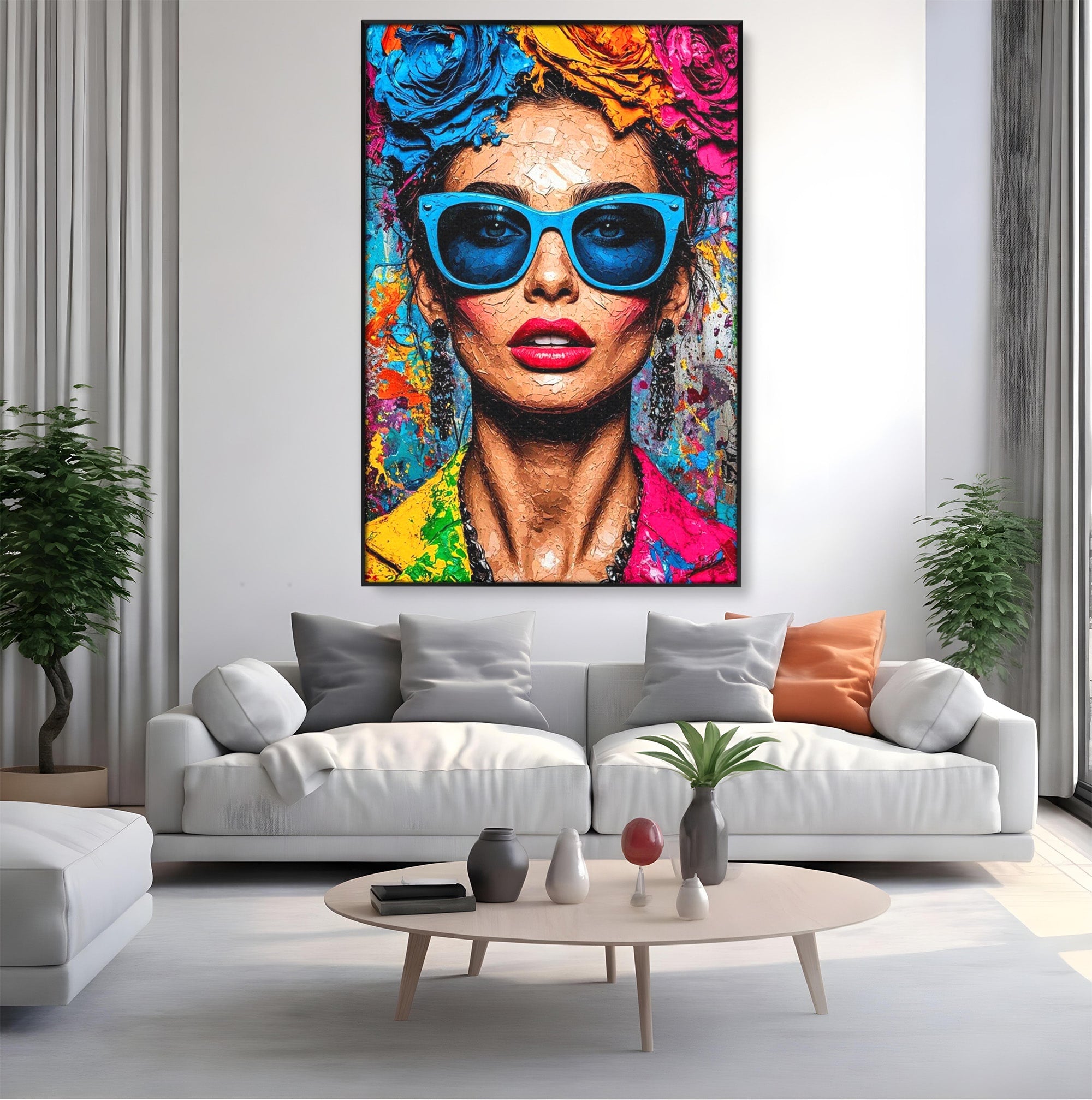Tablou Canvas Premium LuxCanva® PI1354, Femeie Cu Ochelari, Portret, Lux, Moda, Modern, Culori Vibrante, Living, Dormitor, Salon
