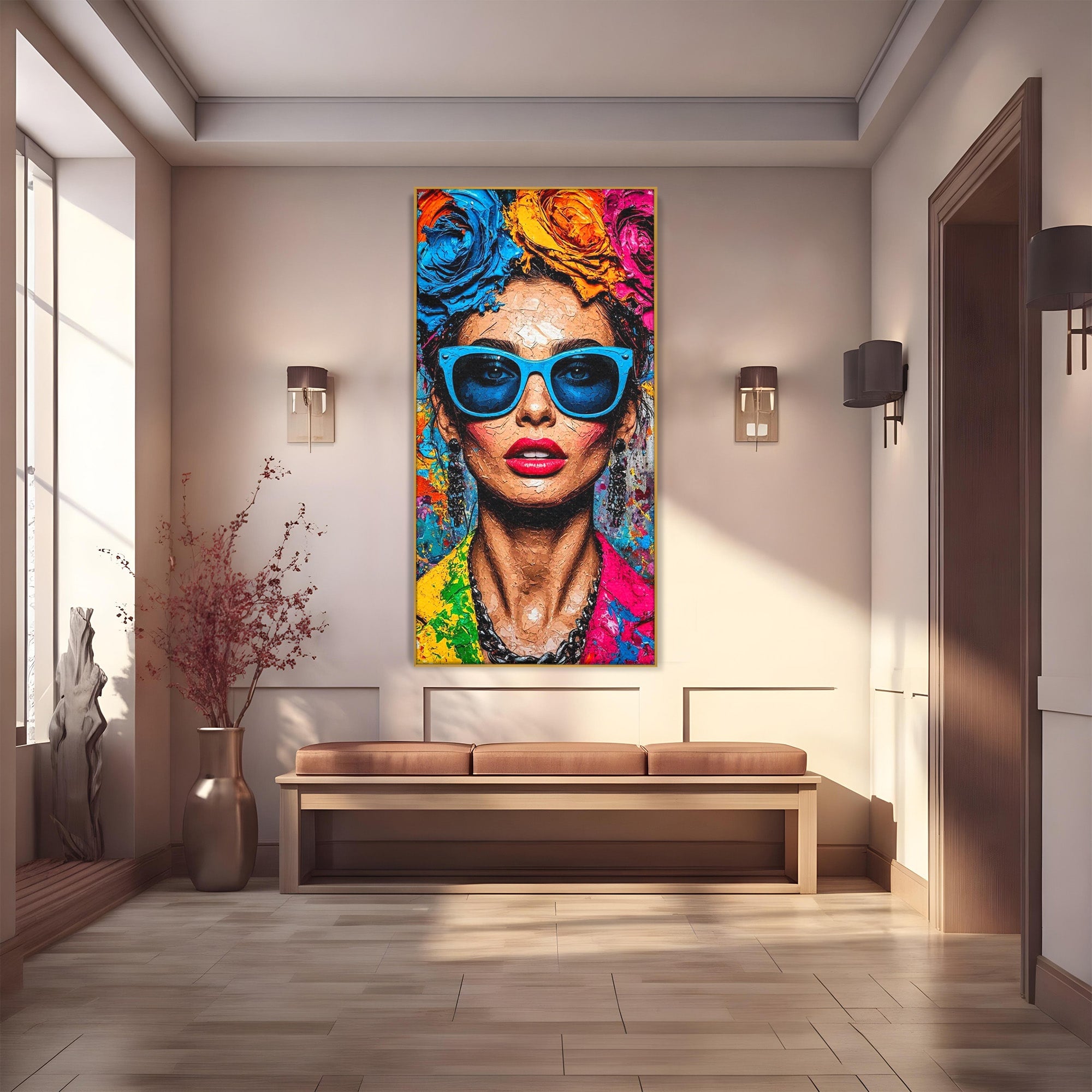 Tablou Canvas Premium LuxCanva® PI1354, Femeie Cu Ochelari, Portret, Lux, Moda, Modern, Culori Vibrante, Living, Dormitor, Salon