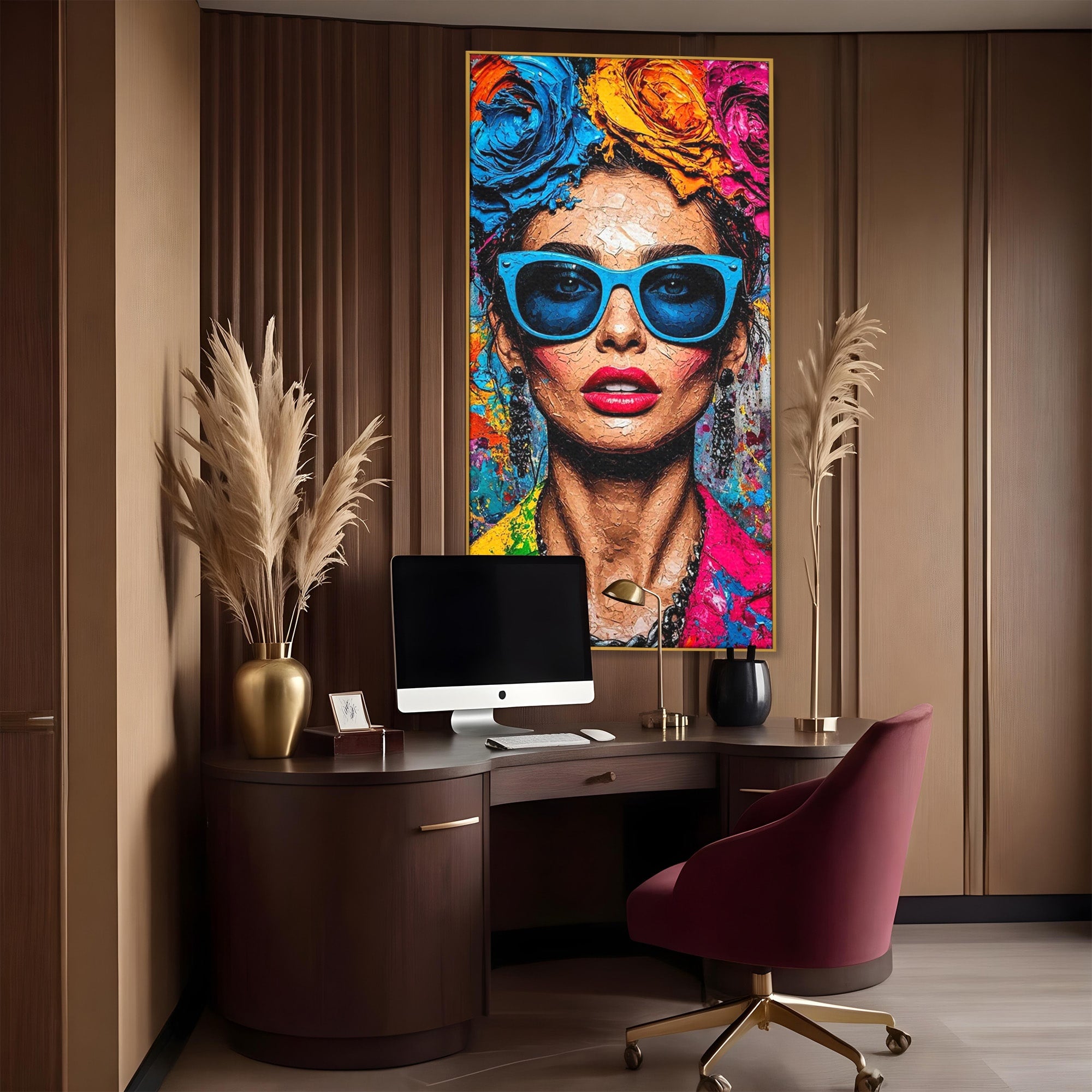 Tablou Canvas Premium LuxCanva® PI1354, Femeie Cu Ochelari, Portret, Lux, Moda, Modern, Culori Vibrante, Living, Dormitor, Salon